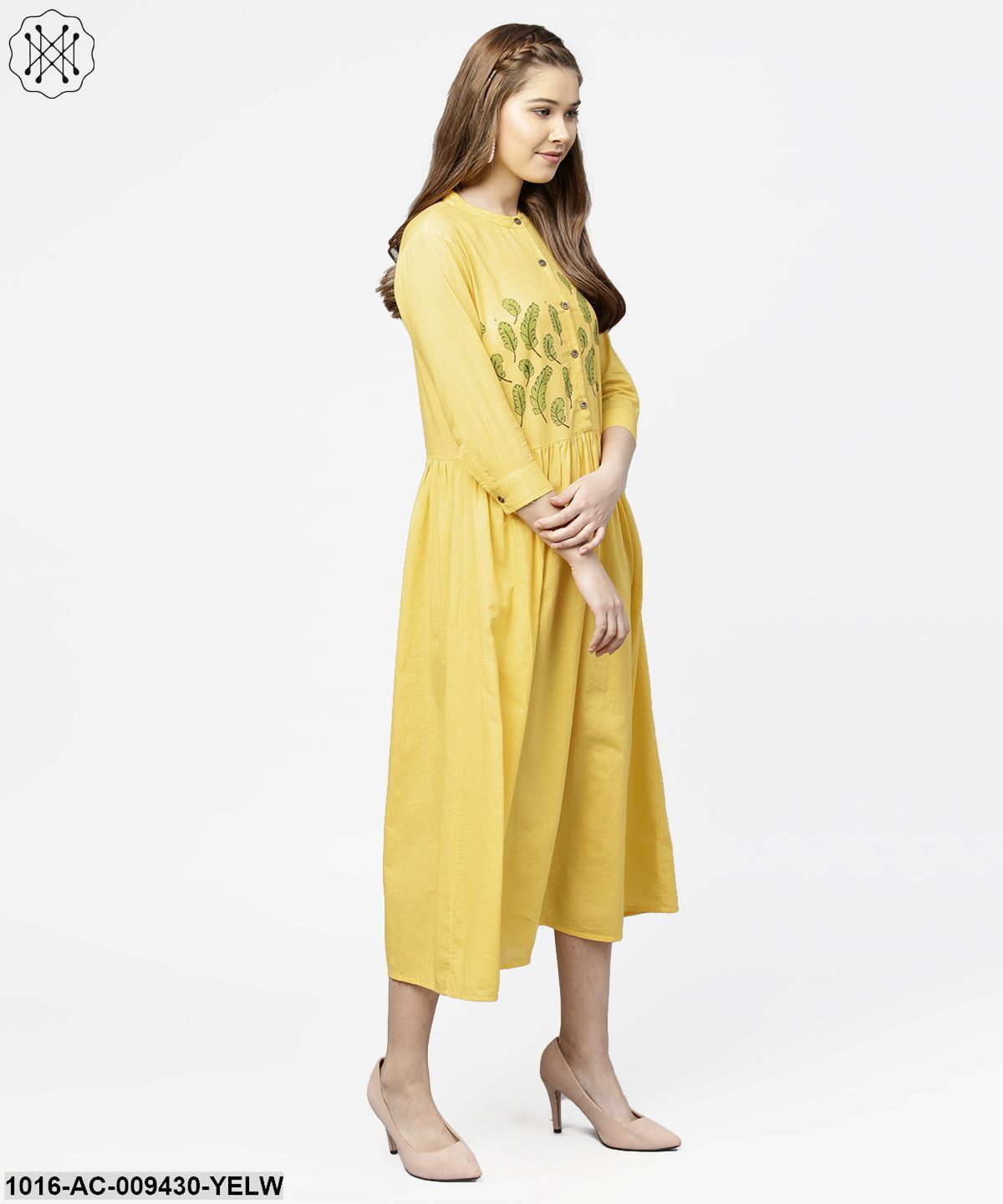 Yellow Block Printed 3/4Th Sleeve Cotton Maxi Dress