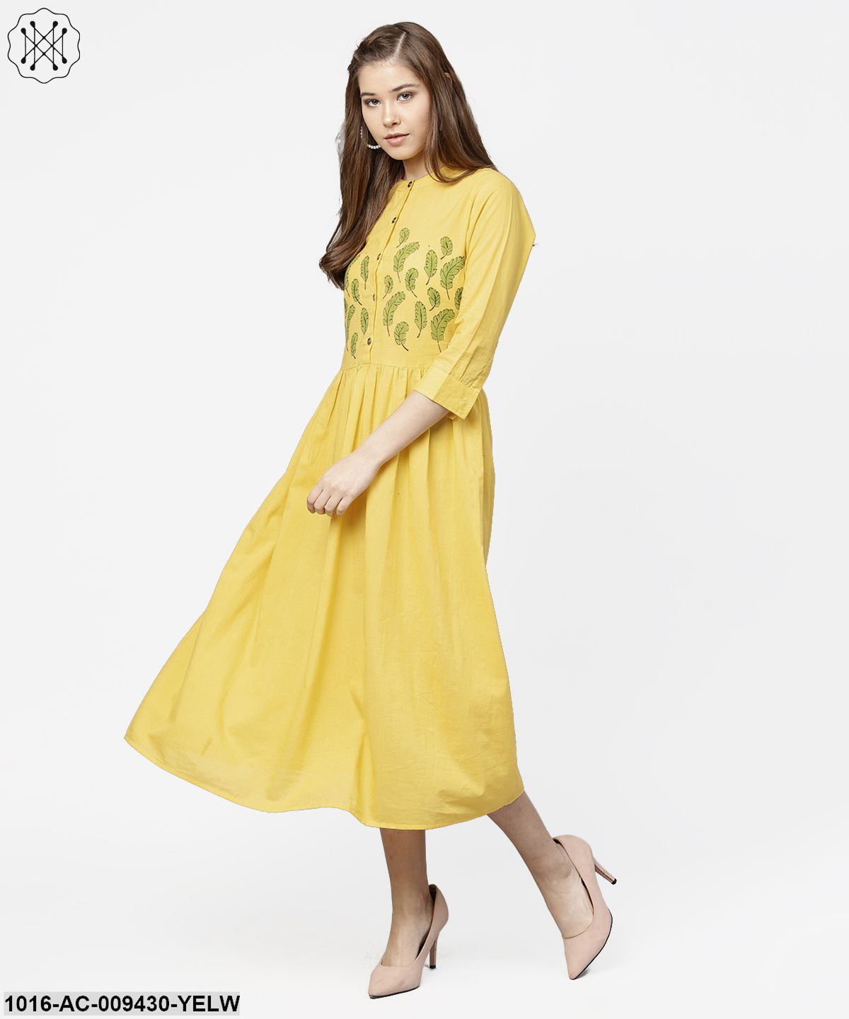 Yellow Block Printed 3/4Th Sleeve Cotton Maxi Dress