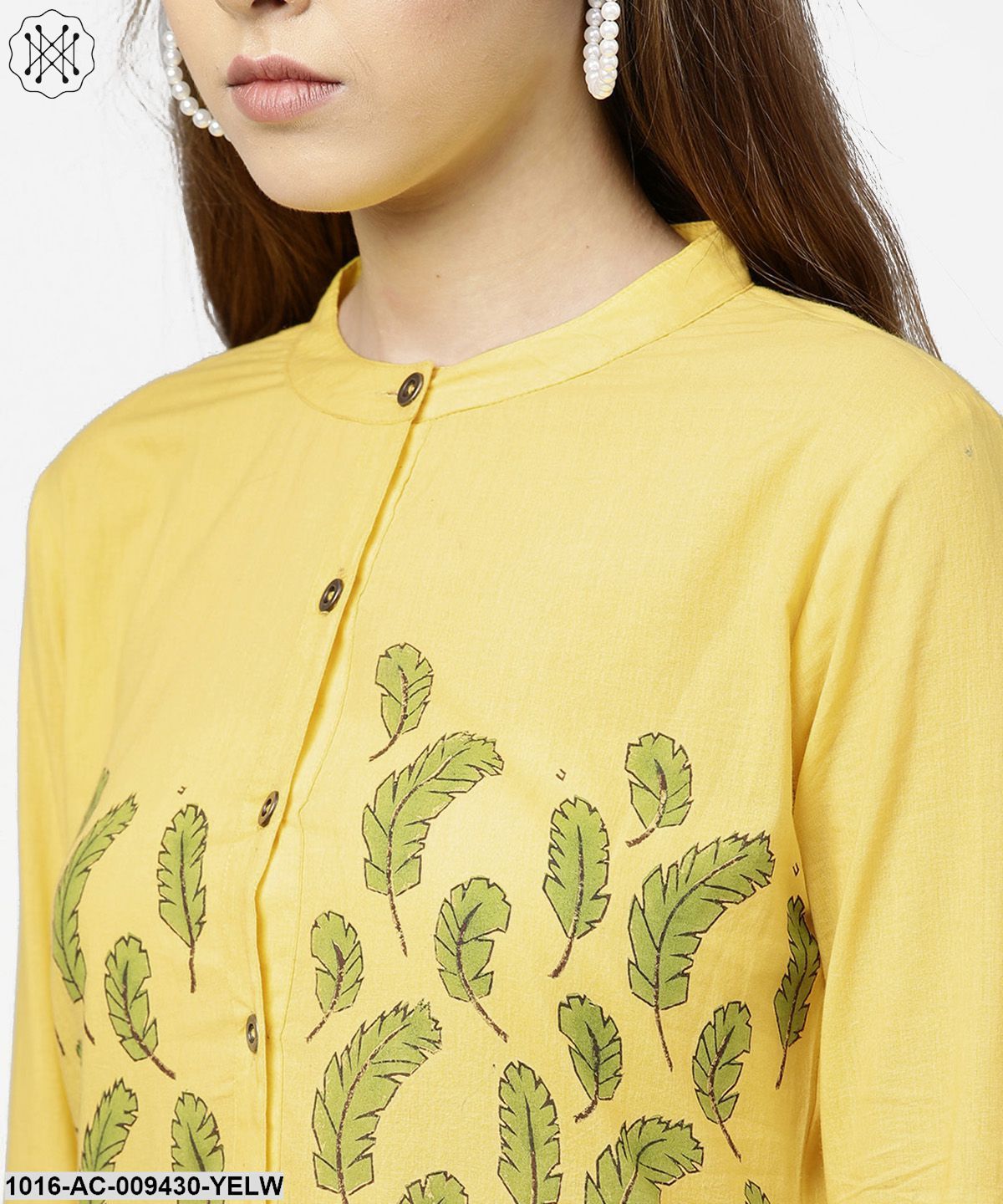 Yellow Block Printed 3/4Th Sleeve Cotton Maxi Dress