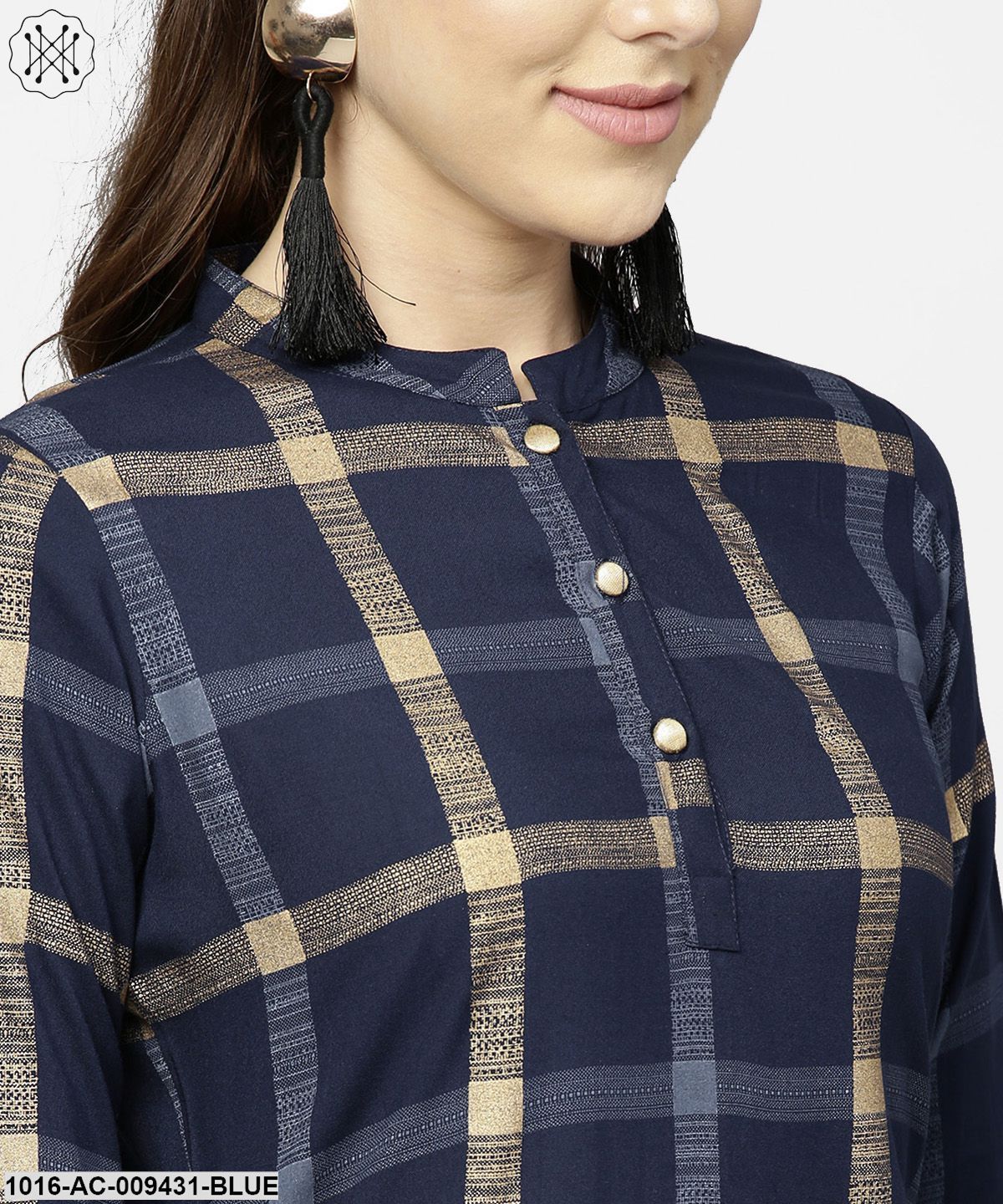 Blue Checked 3/4Th Sleeve Cotton Front Slit Dress