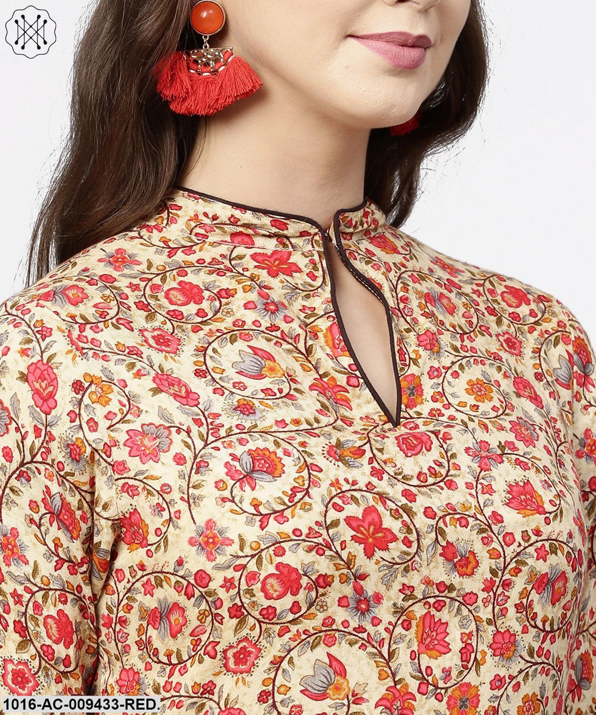 Red Printed Full Sleeve Flared Cotton Maxi Dress