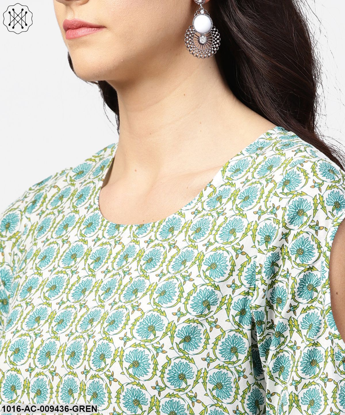 Green Printed 3/4Th Sleeve Cotton Maxi Dress