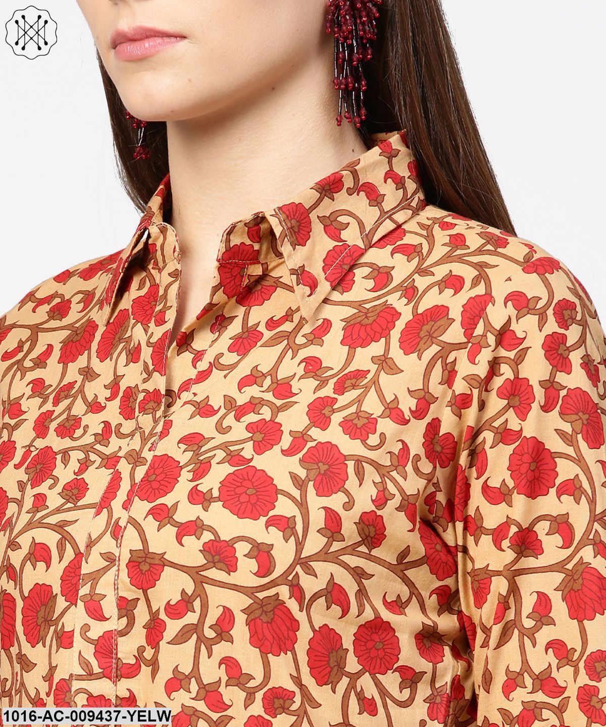 Yellow & Red Printed Half Sleeve Cotton Maxi Dress