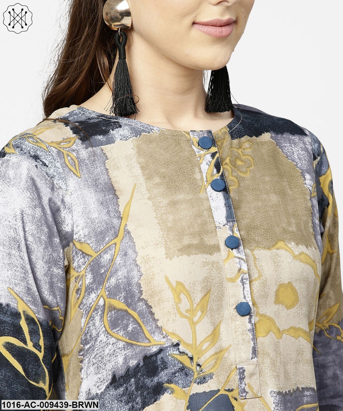 Brown & Blue Printed Half Sleeve Cotton A-Line Dress