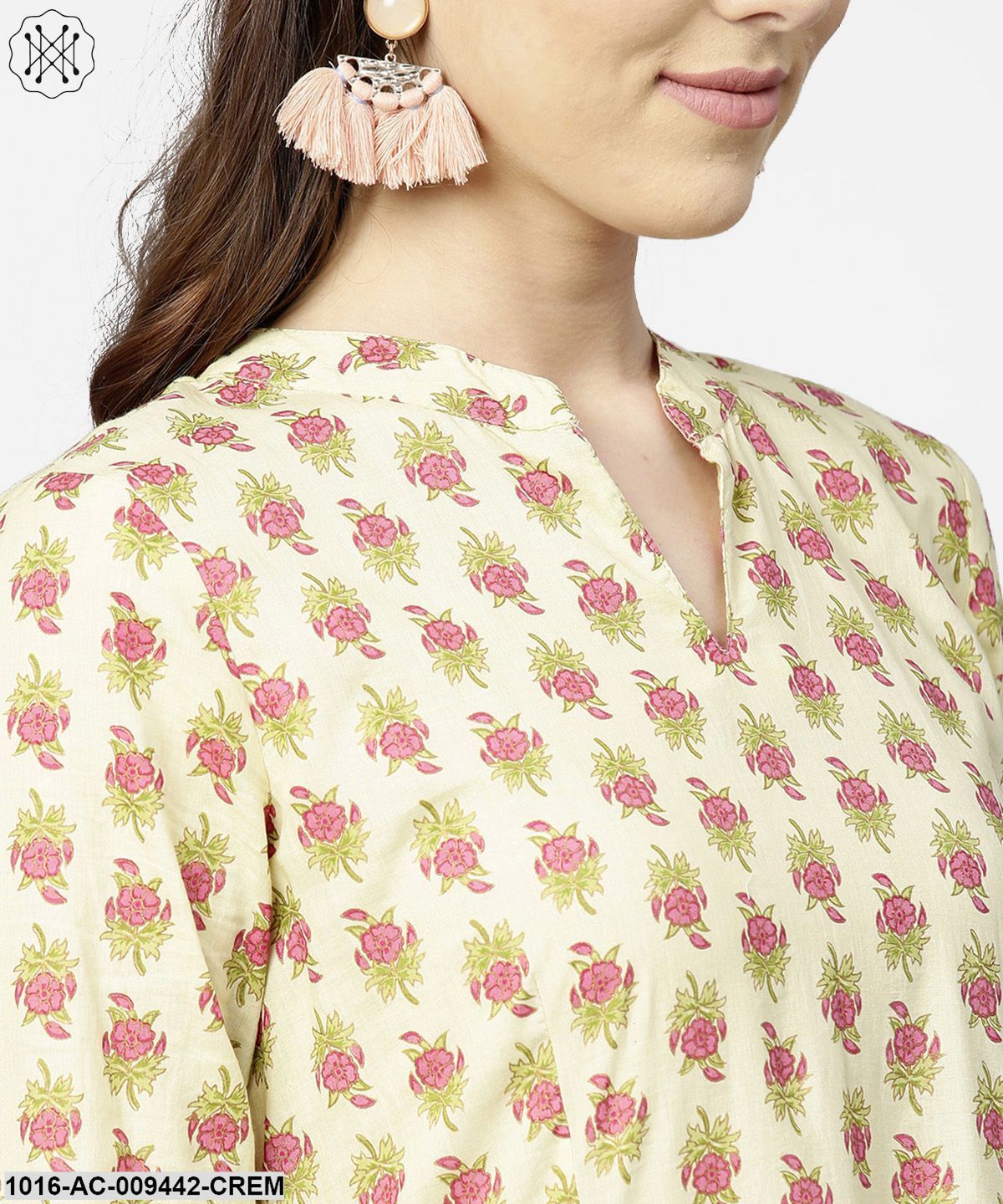 Cream & RedPrinted 3/4Th Sleeve Cotton Maxi Dress With Red Printed Border