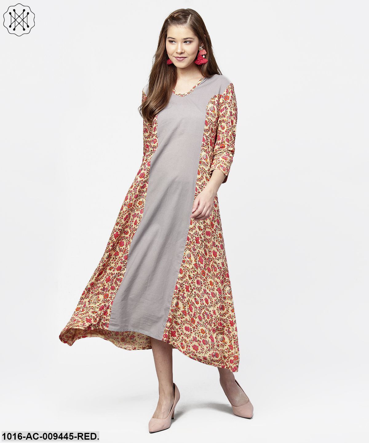 Red & Grey Priinted 3/4Th Sleeve Cotton A-Line Dress