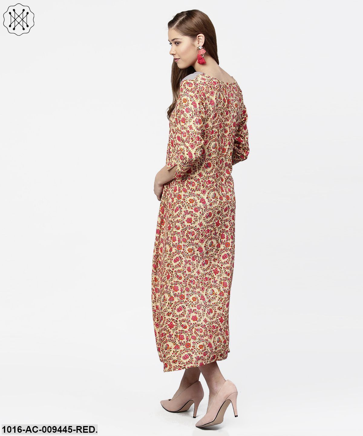 Red & Grey Priinted 3/4Th Sleeve Cotton A-Line Dress