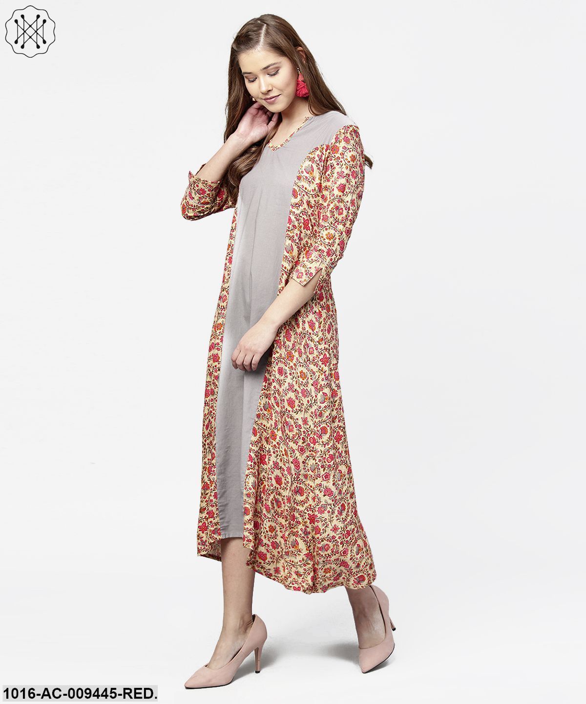 Red & Grey Priinted 3/4Th Sleeve Cotton A-Line Dress