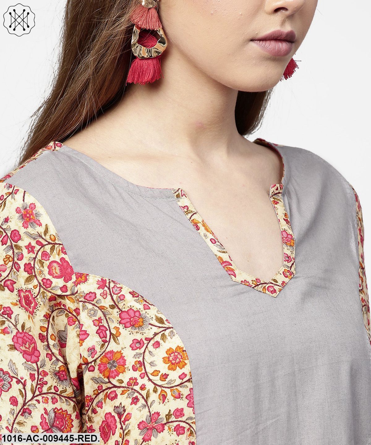 Red & Grey Priinted 3/4Th Sleeve Cotton A-Line Dress