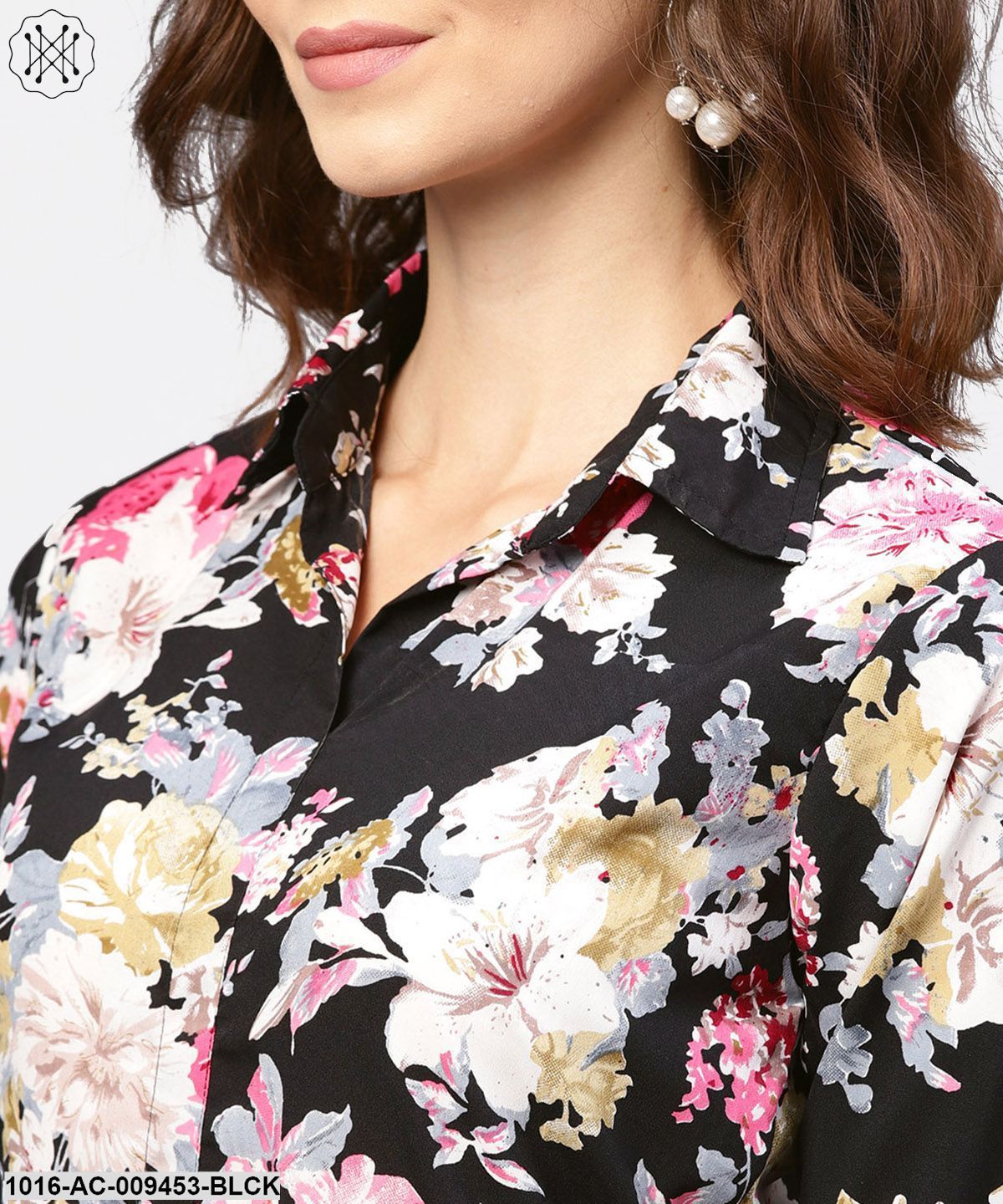 Black Printed 3/4Th Sleeve One Side Slit Dress With Belt