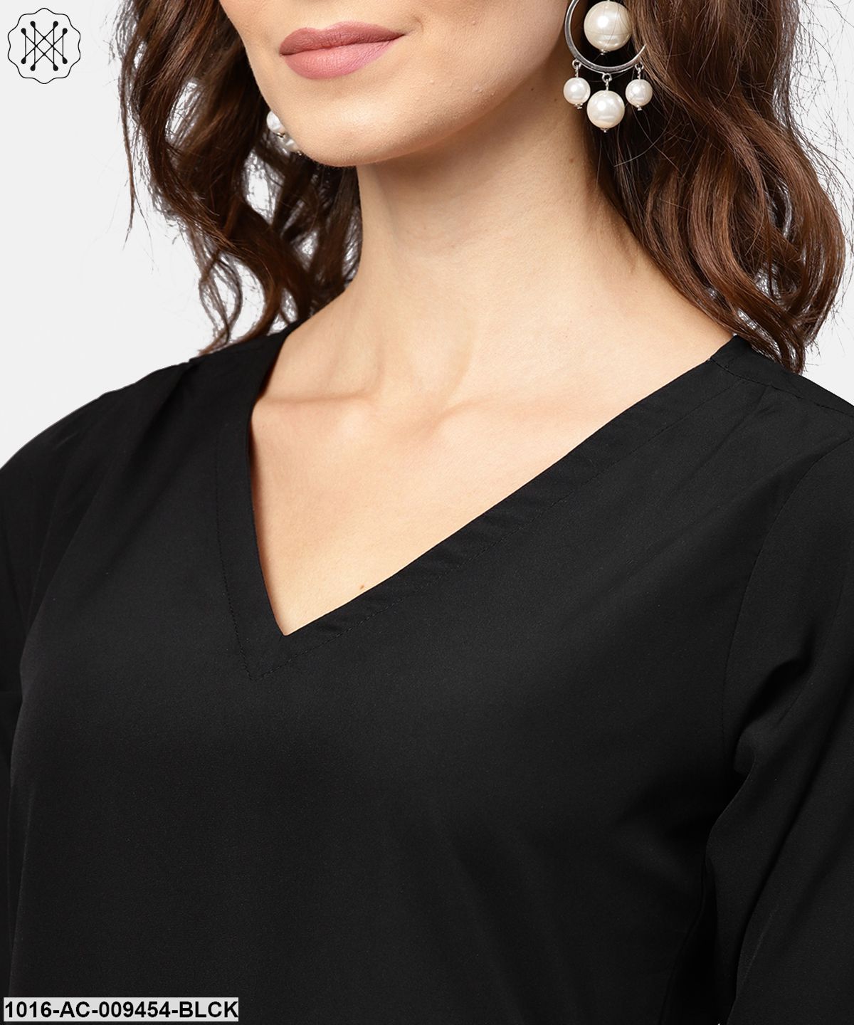 Black Printed 3/4Th Sleeve V-Neck Dress