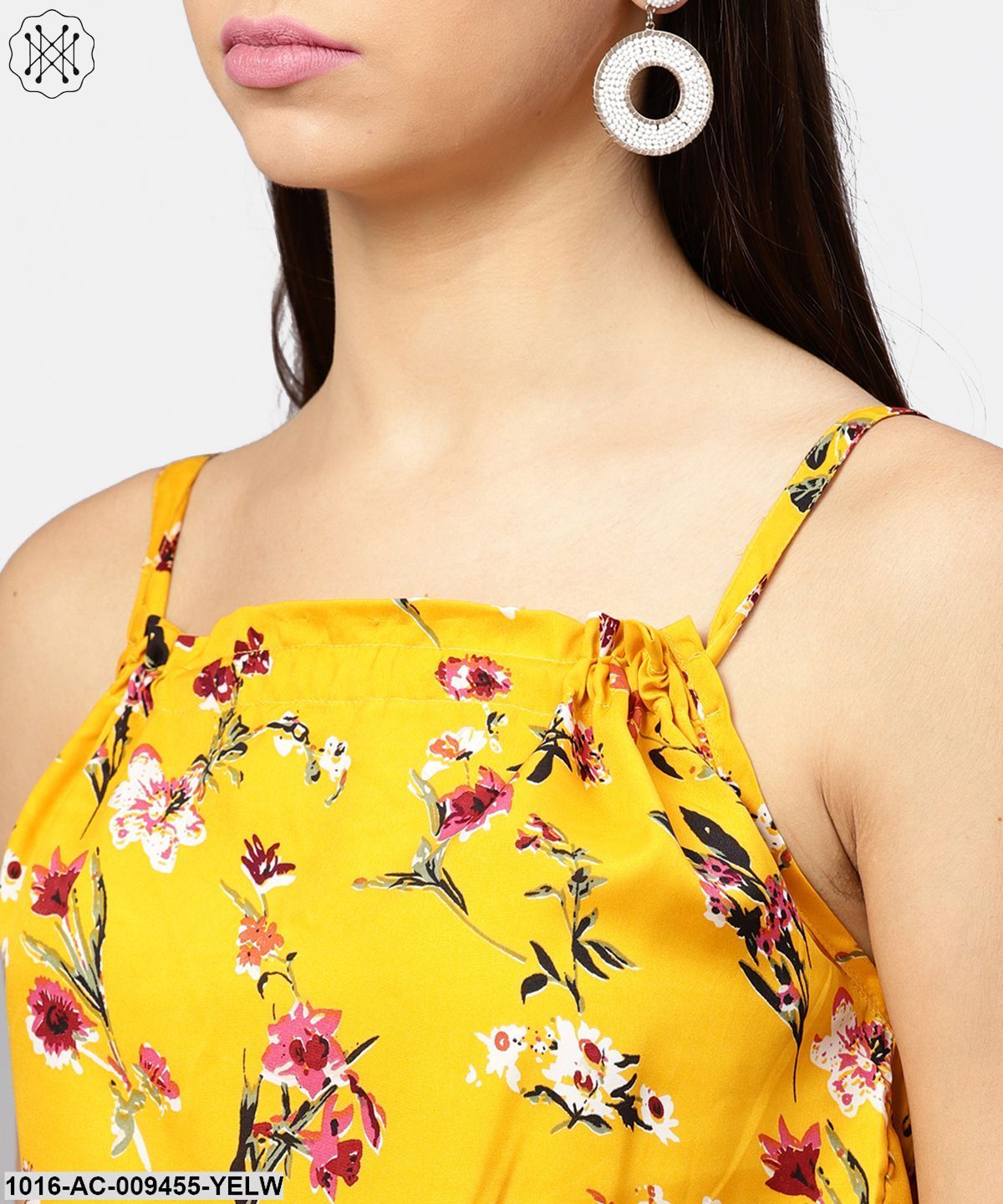 Yellow Printed Shoulder Strapped With A Gather Neckline Maxi Dress