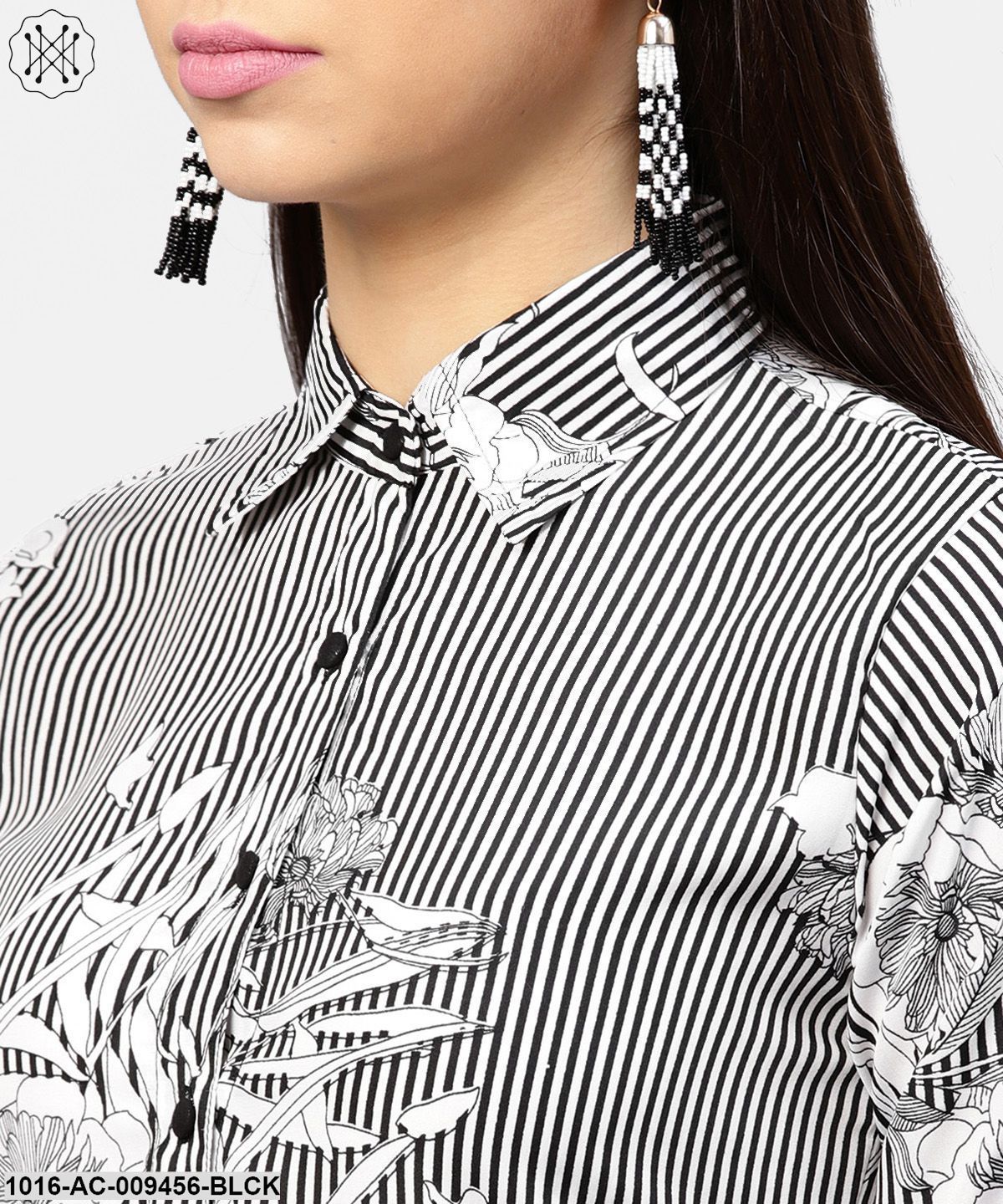 Black Striped Cuff Style Half Sleeve A-Line Open Placket Dress With Belt