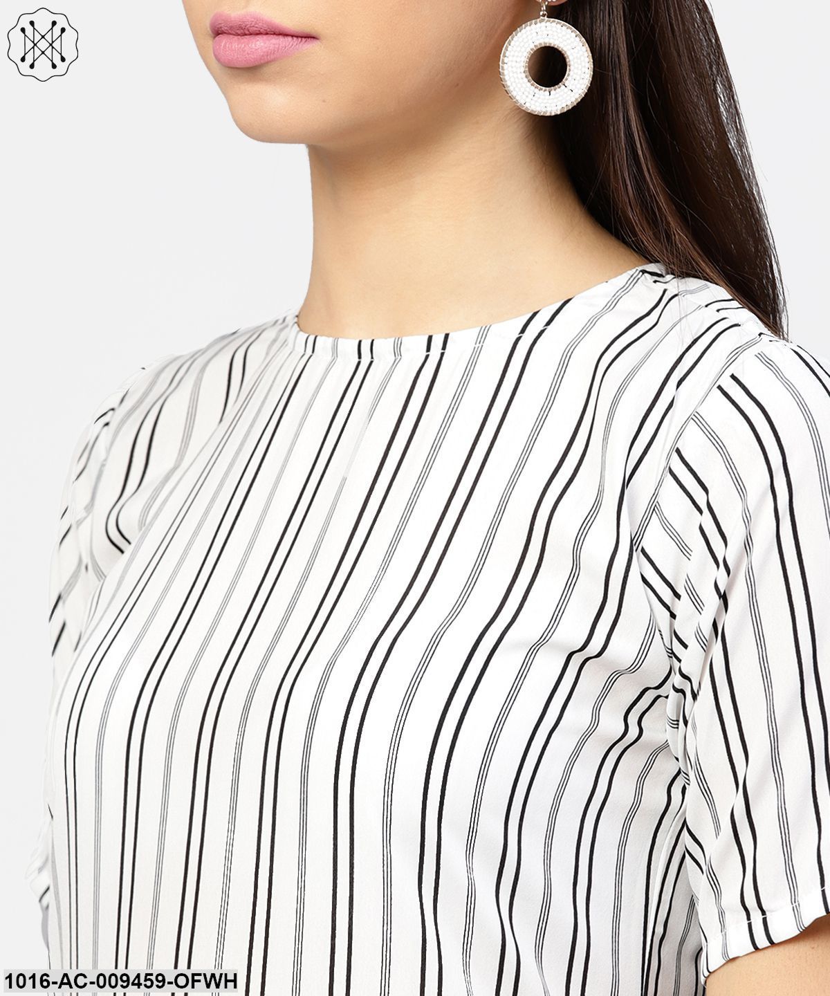 Striped Printed Short Round Neck , Elbow Sleeves GatheredMaxi Dress