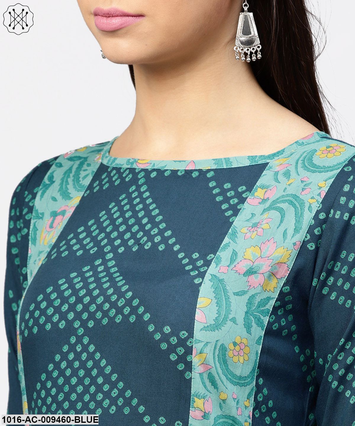 Multi Printed Round Neck Gathered Panels With 3/4Th Sleeves Maxi Dress