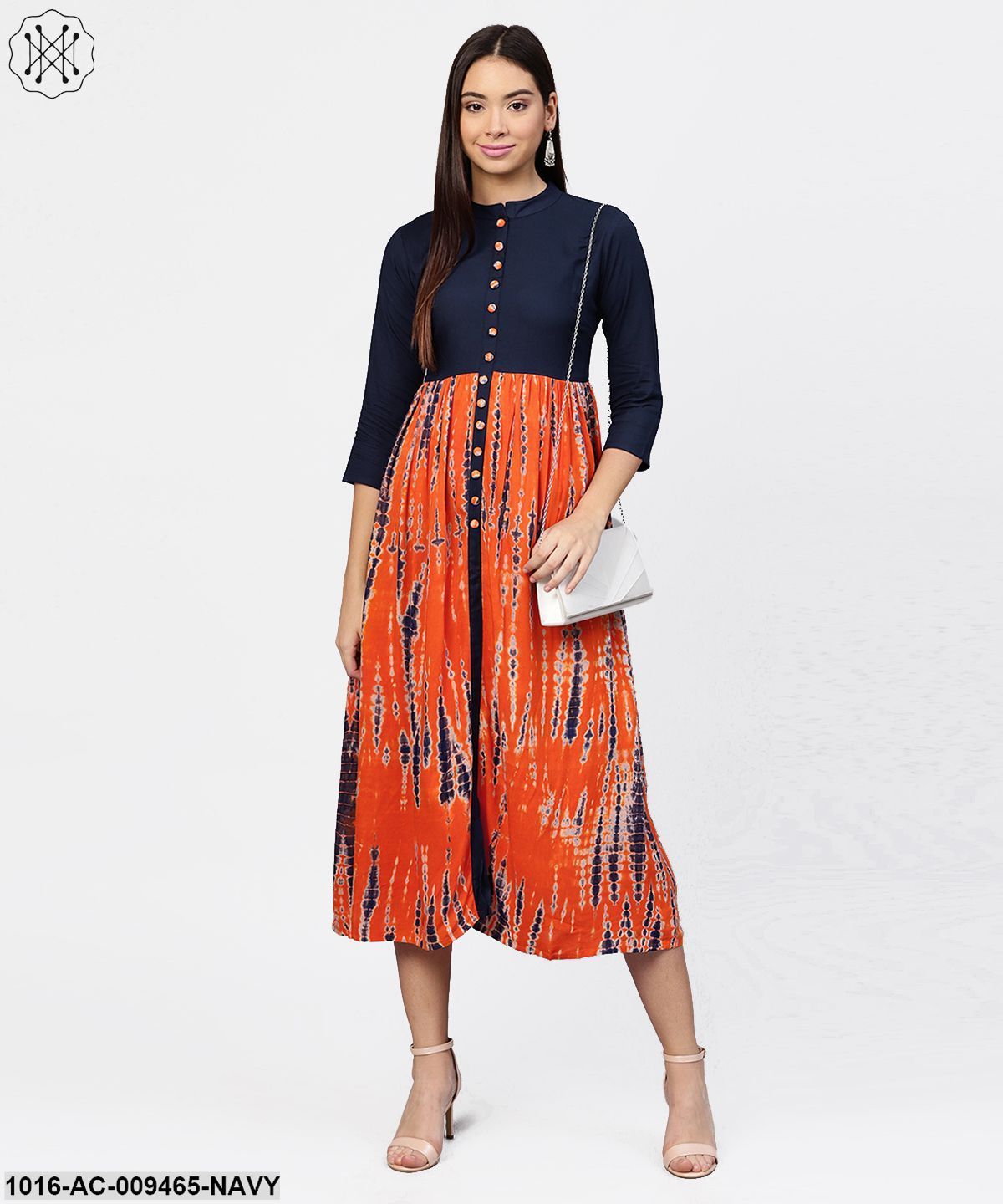 Printed Tye-Dye Chinese Collared 3/4Th Sleeves Maxi Dress