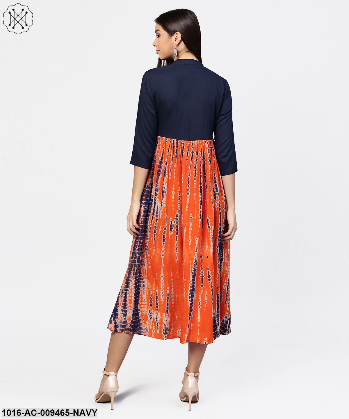 Printed Tye-Dye Chinese Collared 3/4Th Sleeves Maxi Dress