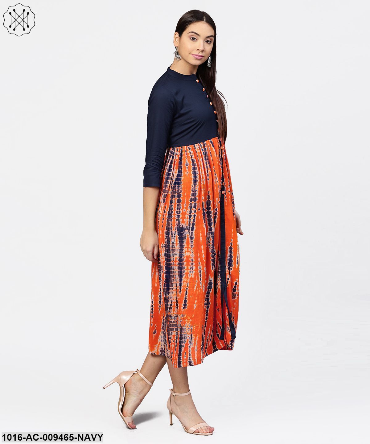 Printed Tye-Dye Chinese Collared 3/4Th Sleeves Maxi Dress