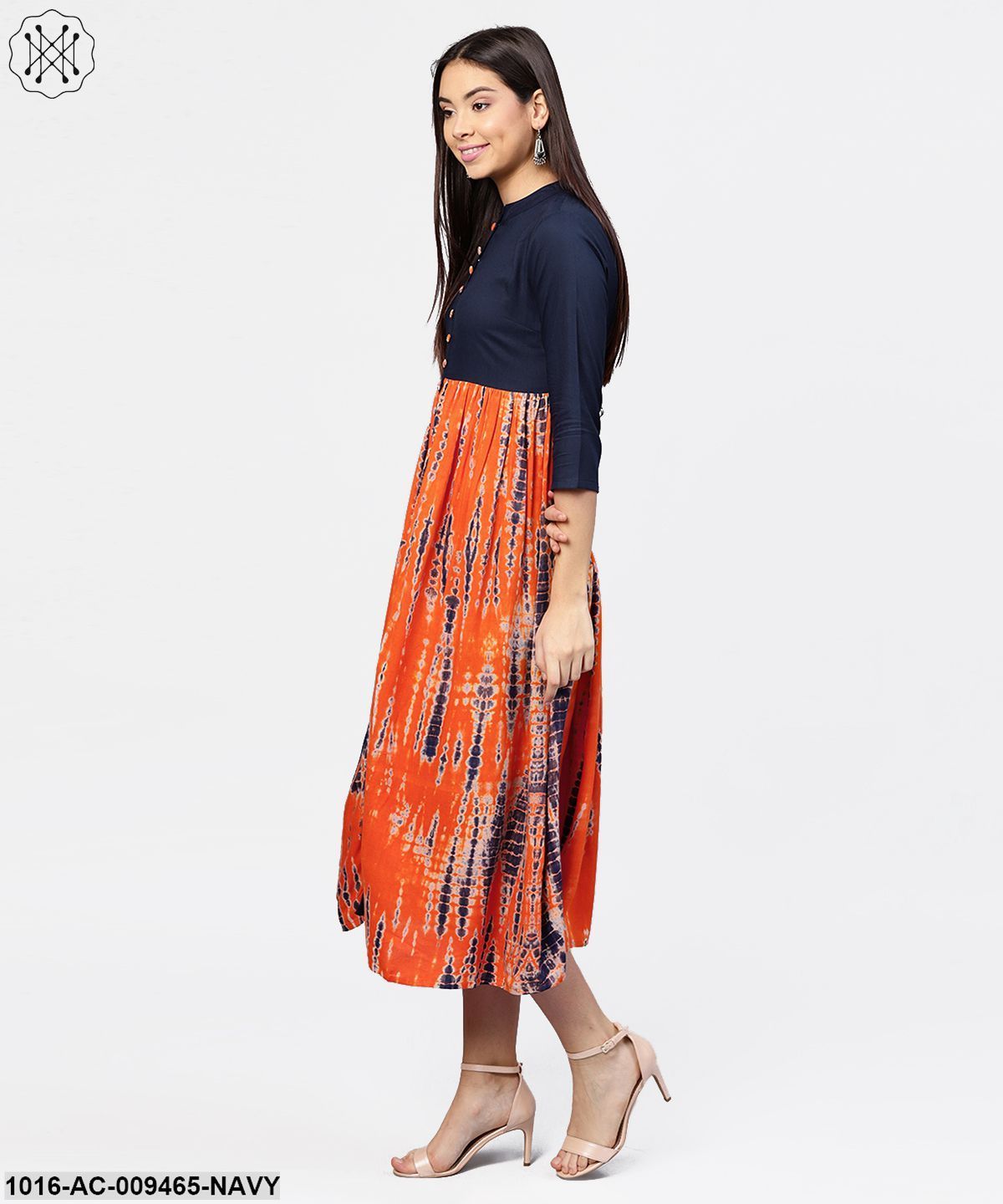 Printed Tye-Dye Chinese Collared 3/4Th Sleeves Maxi Dress