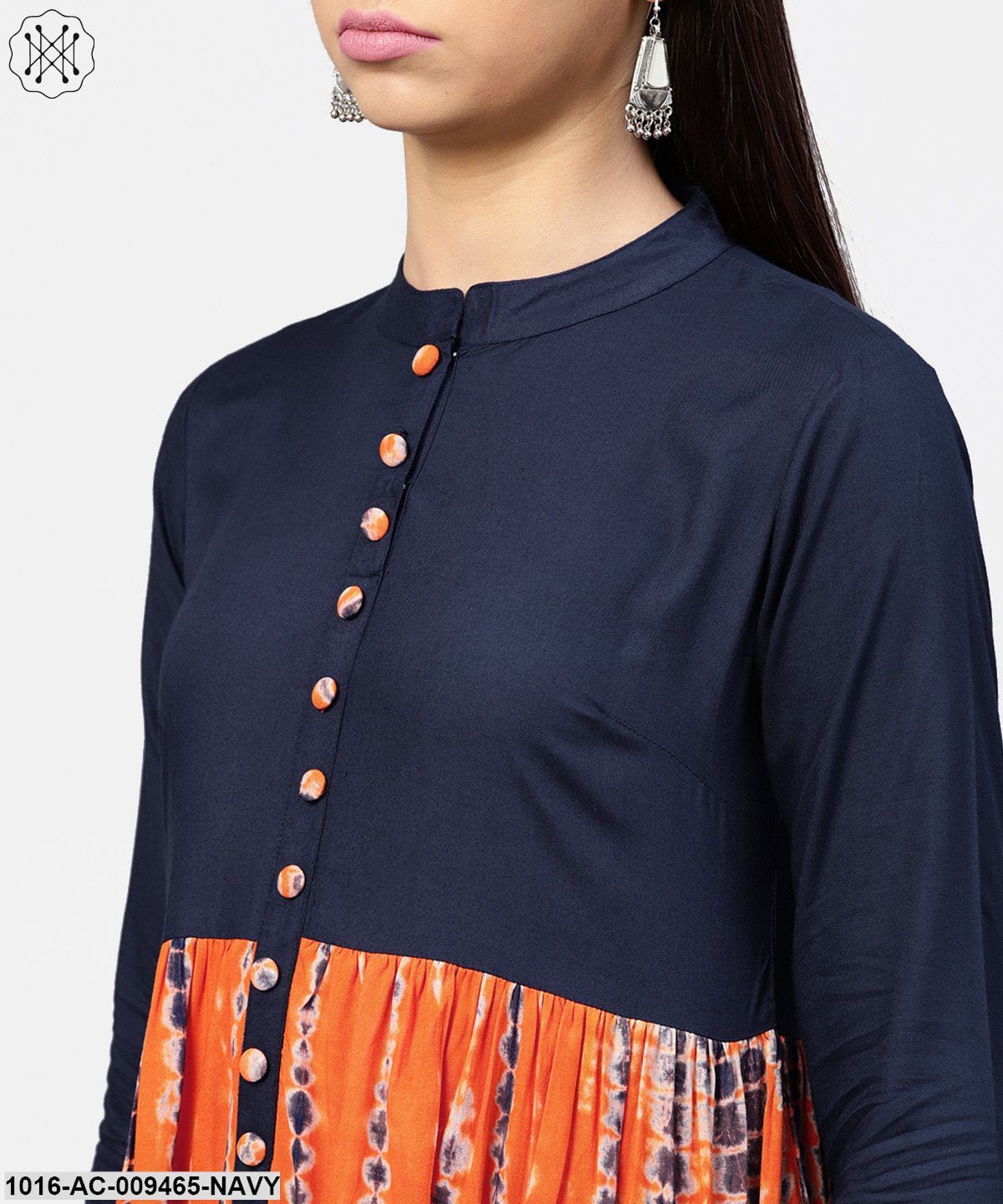 Printed Tye-Dye Chinese Collared 3/4Th Sleeves Maxi Dress