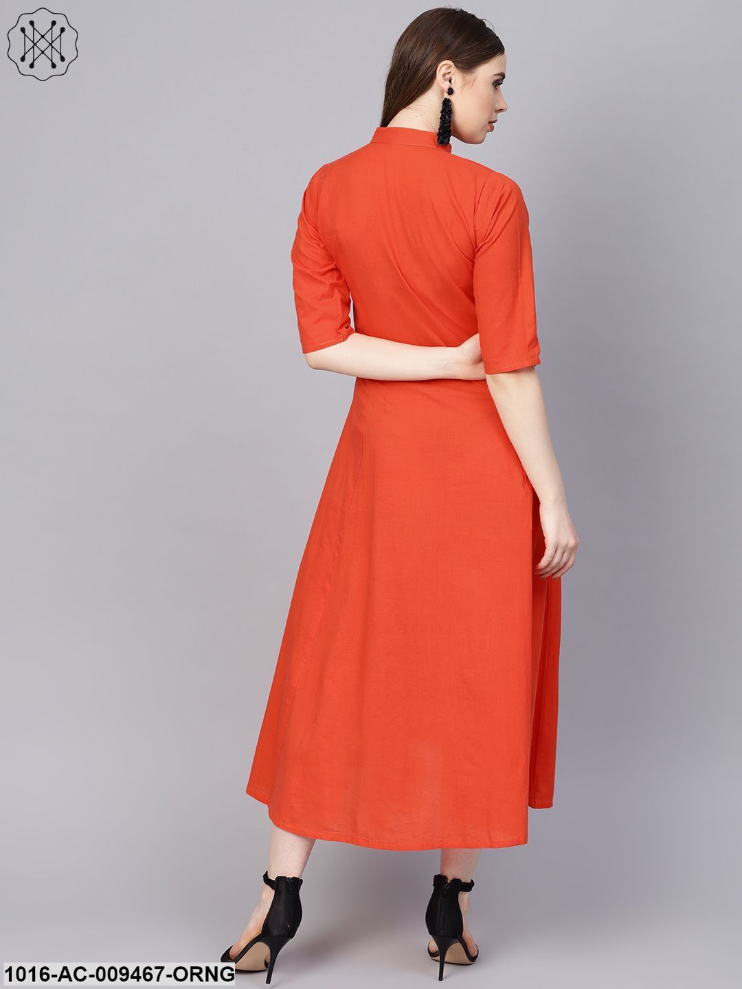 Solid Orange Maxi Dress With Madarin Collar & 3/4 Sleeves