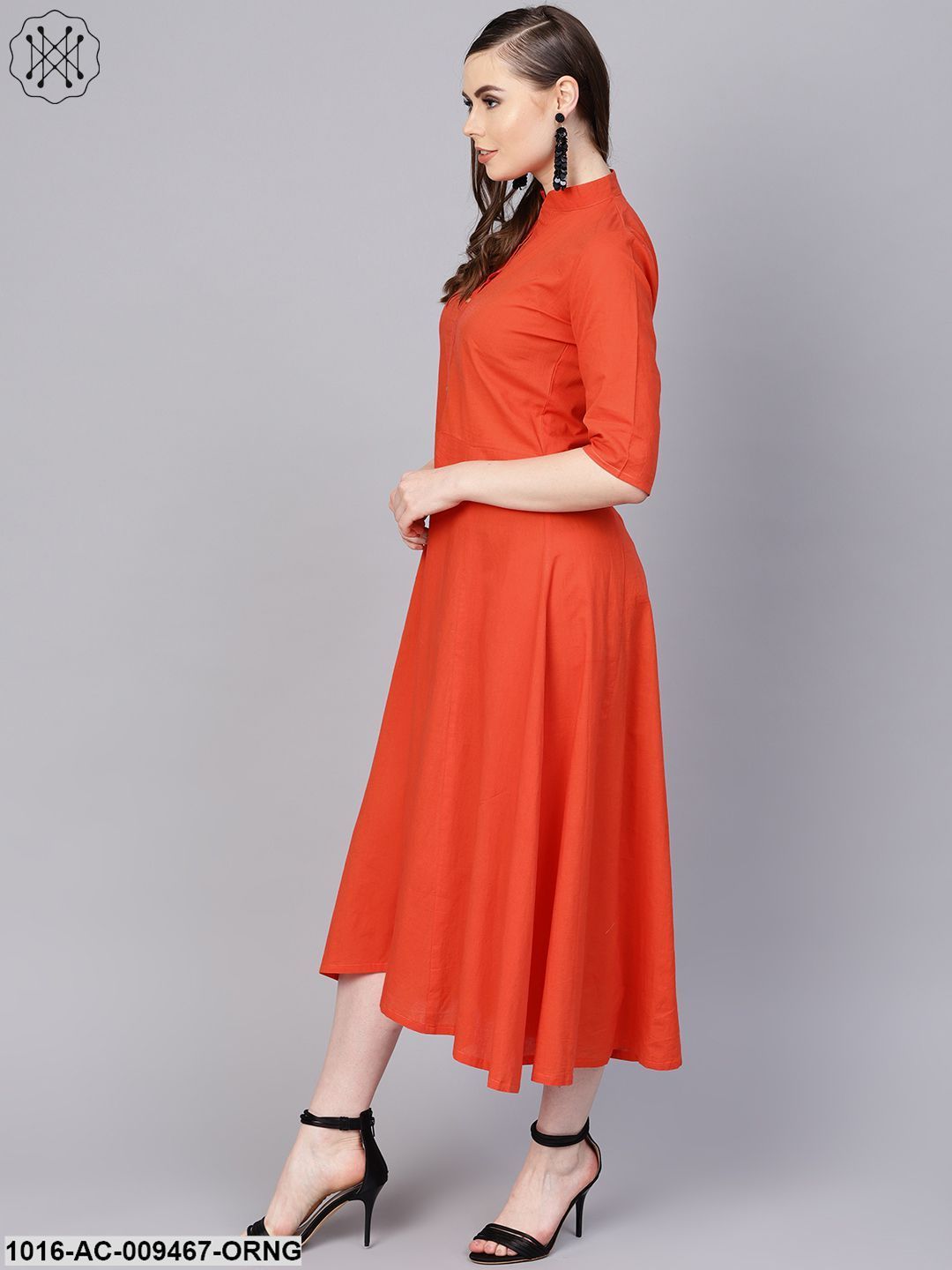 Solid Orange Maxi Dress With Madarin Collar & 3/4 Sleeves