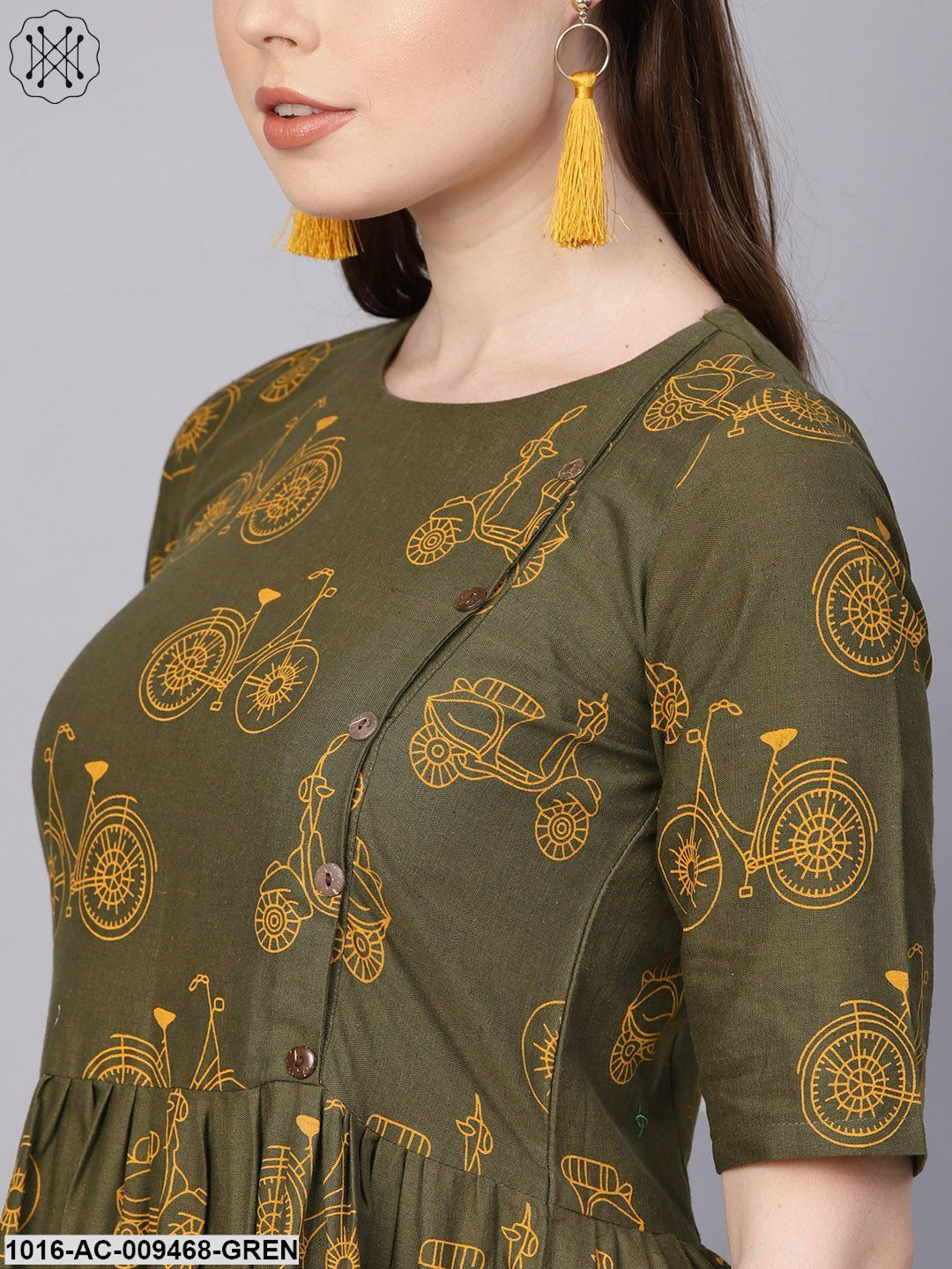 Military Green Printed Maxi Dress With Side Shoulder Placket With Half Sleeves