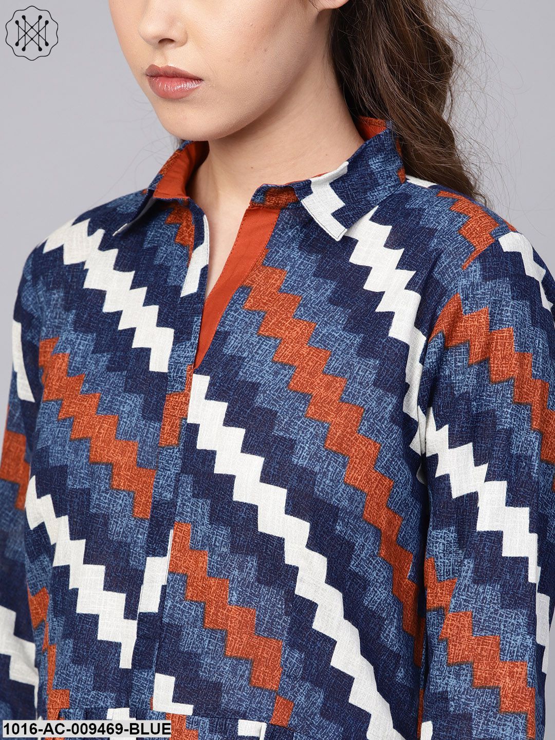 Indigo Blue Geometric Maxi Dress With Shirt Collar & 3/4 Sleeves