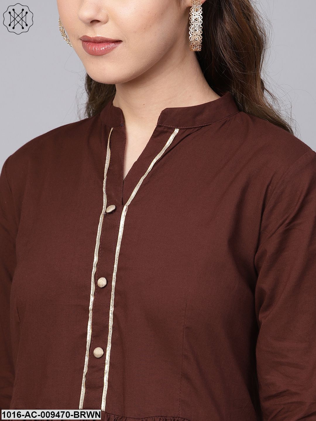 Dark Brown Maxi DressWith Printed Border & Front Placket With Madarin Collar