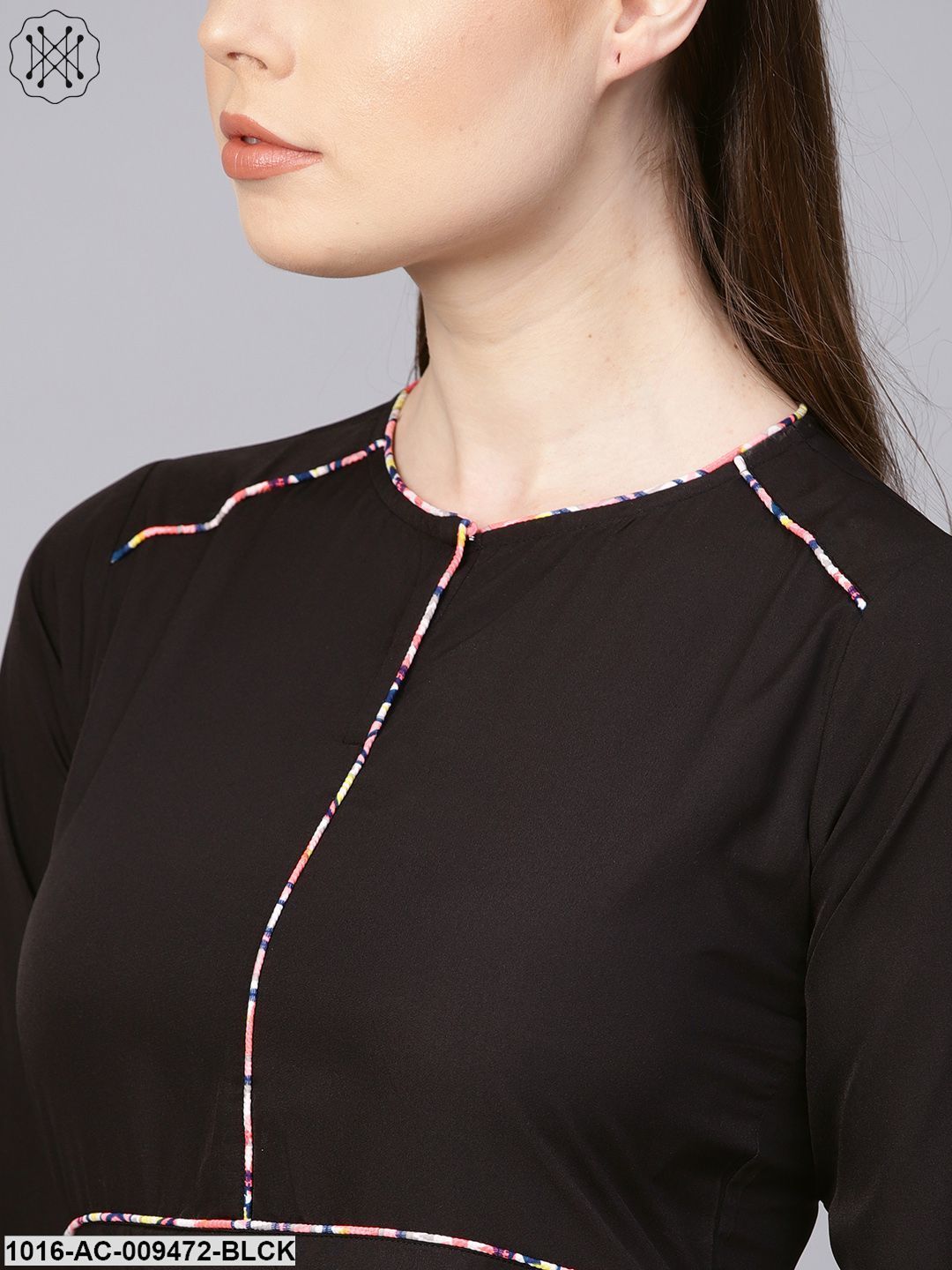 Solid Black Dress With Printed Piping & Round Neck