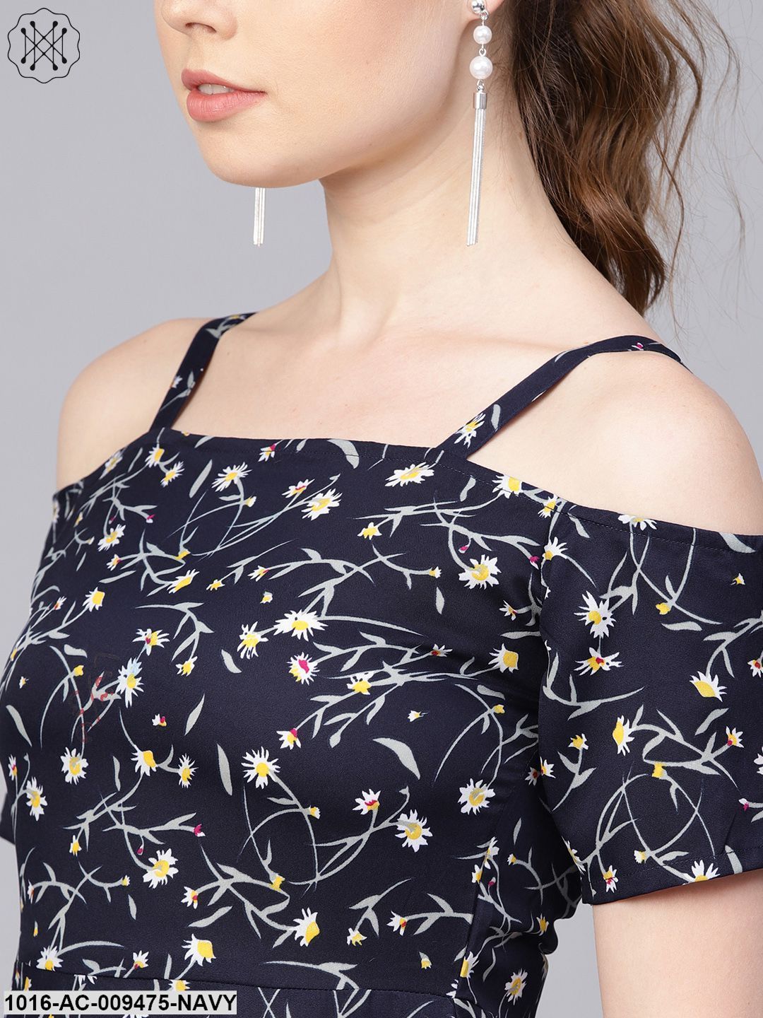 Navy Blue Floral Printed Dress With Shoulder Strap & Detailed Sleeves
