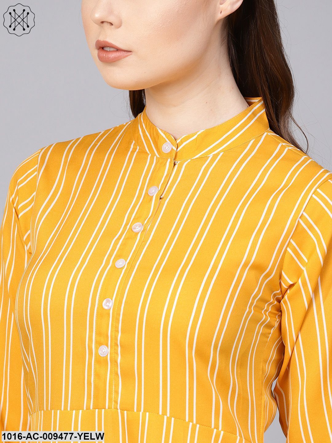 Yellow & White Striped Dress With Madarin Collar & Full Sleeves