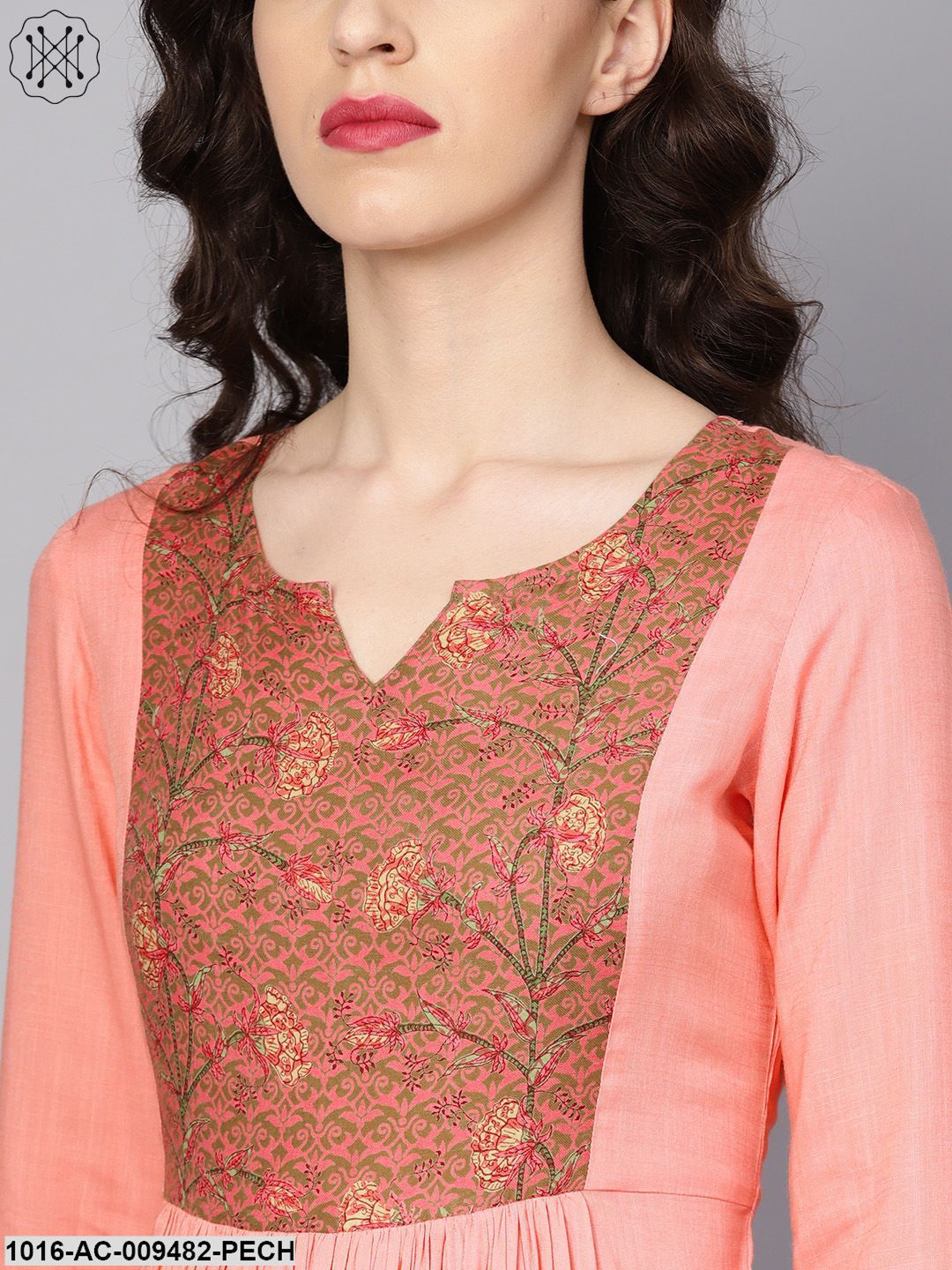 Solid Peach 3/4Th Sleeve Rayon Maxi Dress