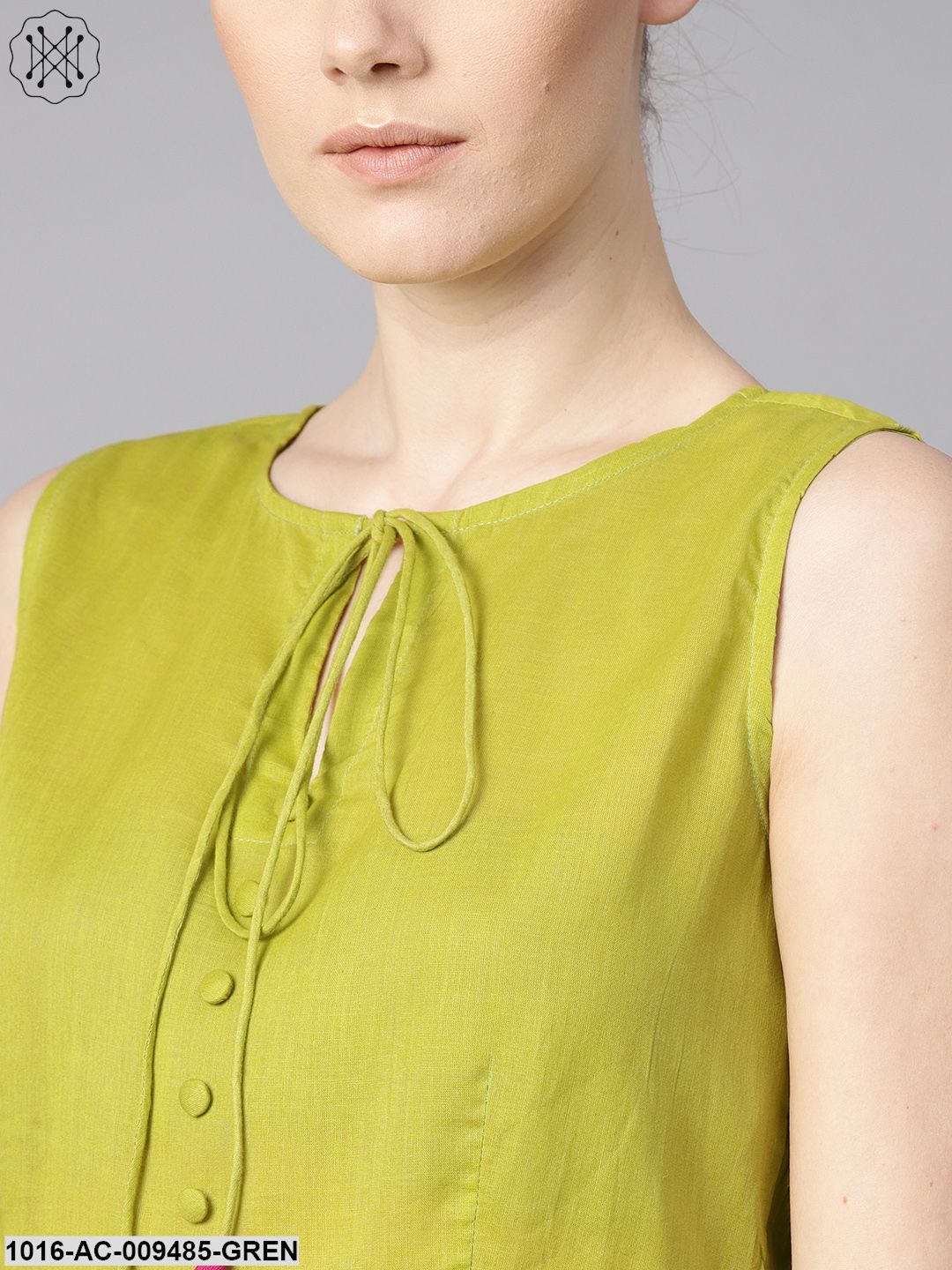 Ombre Dye Green & Pink Dress With Button And Dori Detailing