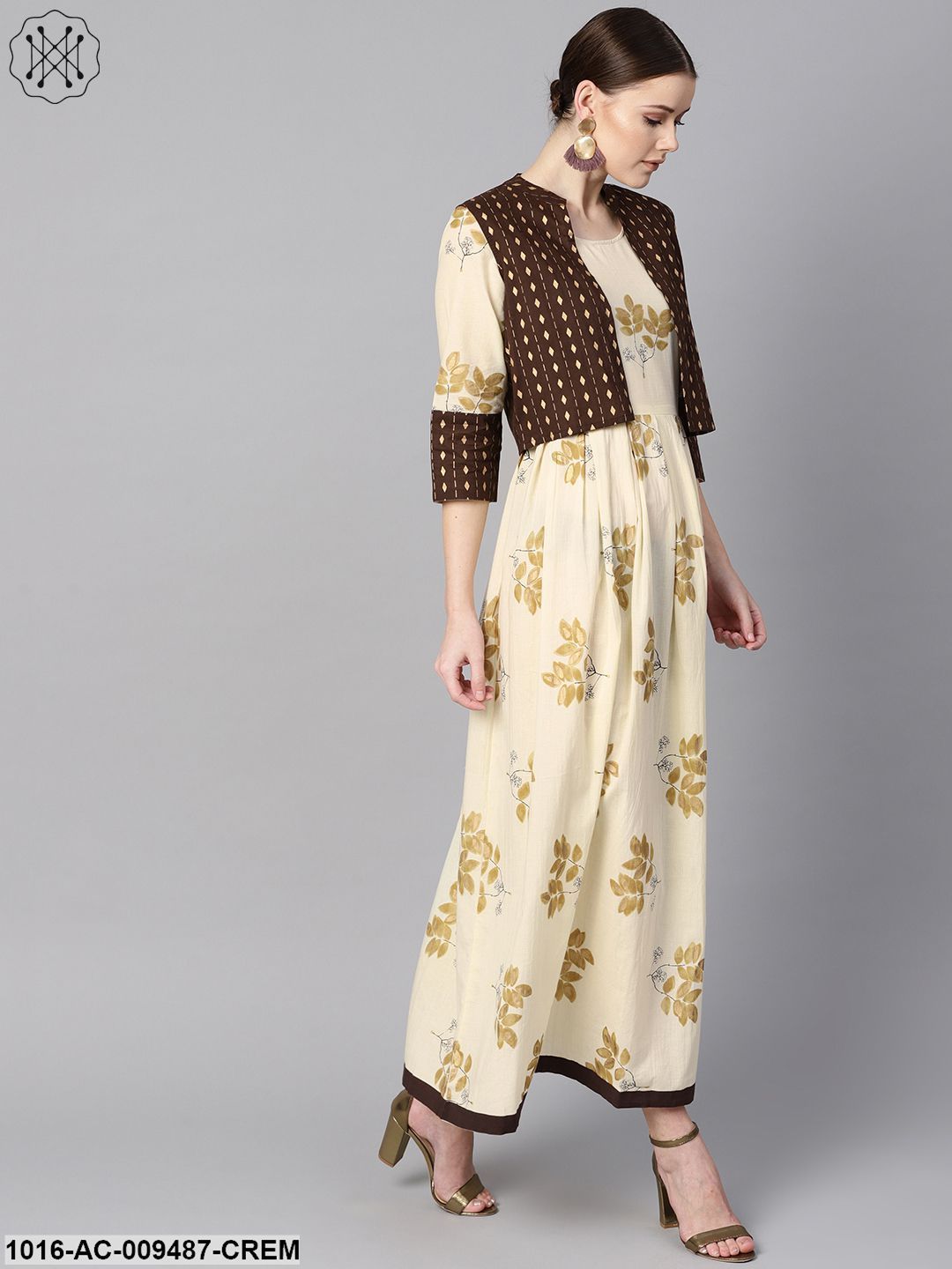 White Floral Gold Printed Round Neck 3/4Th Sleeve Printed Maxi With Brown Geometrical Gold Printed Jacket.