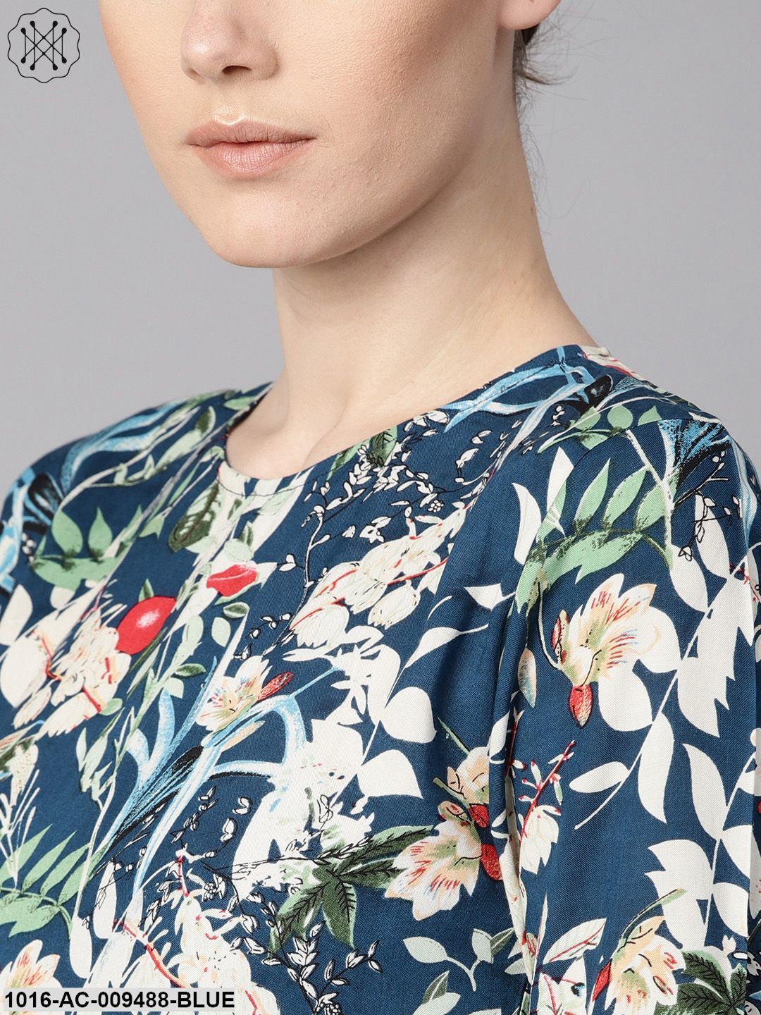 Blue Multicolored Quirky Floral Printed High Neck Back Hook Closure 3/4Th Flared Sleeves Gathered Dress.