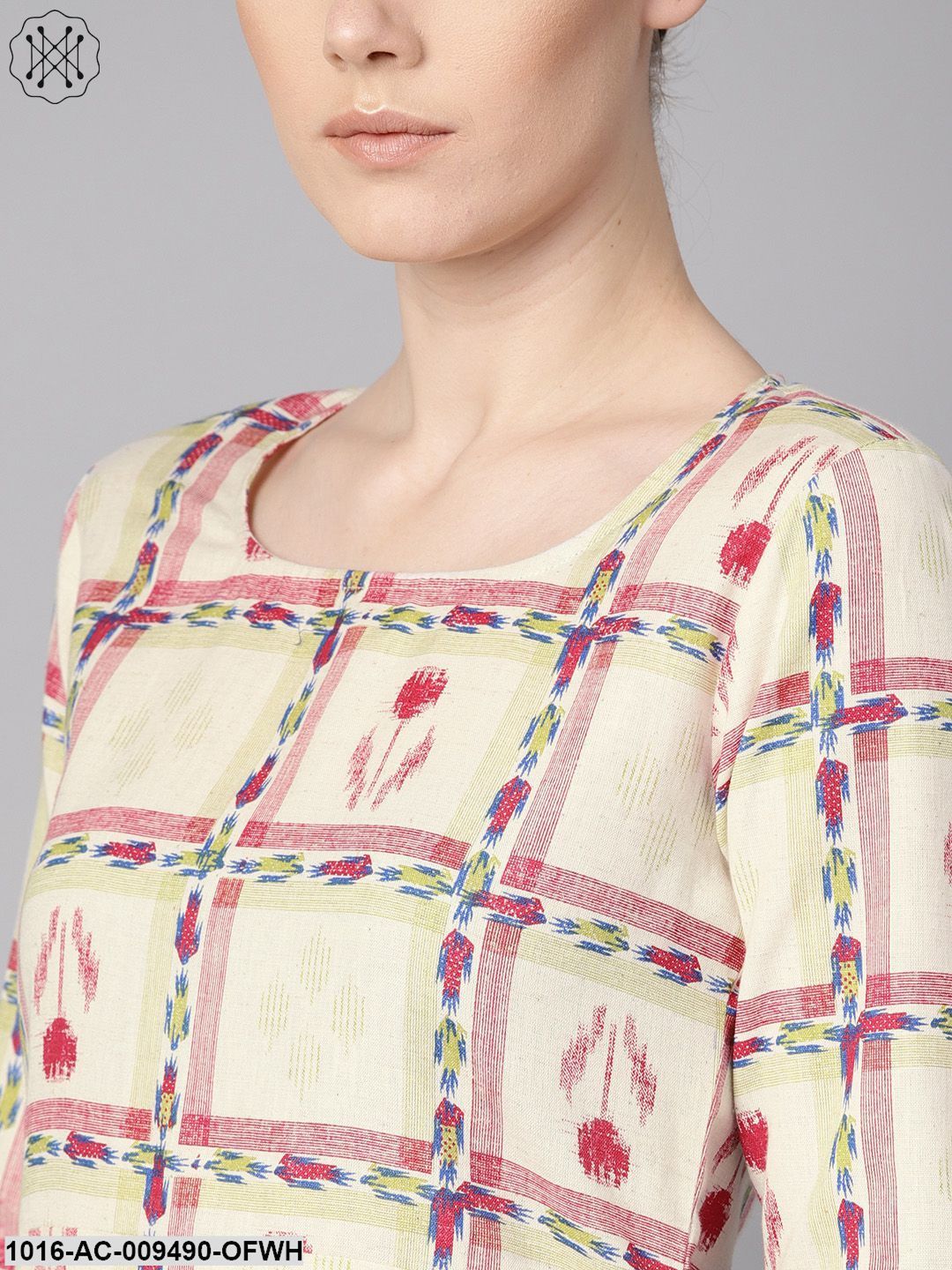 White Floral Ikat Print Square Neck Aline Dress With Front Pockets.