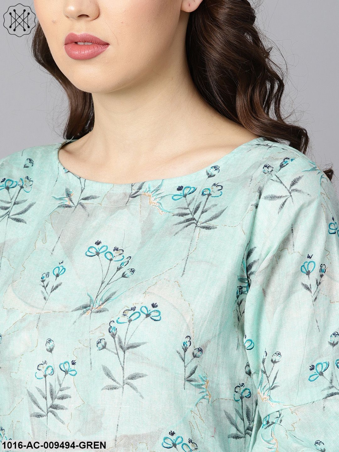 Sky Blue Floral Printed Dress With Flared Sleeves