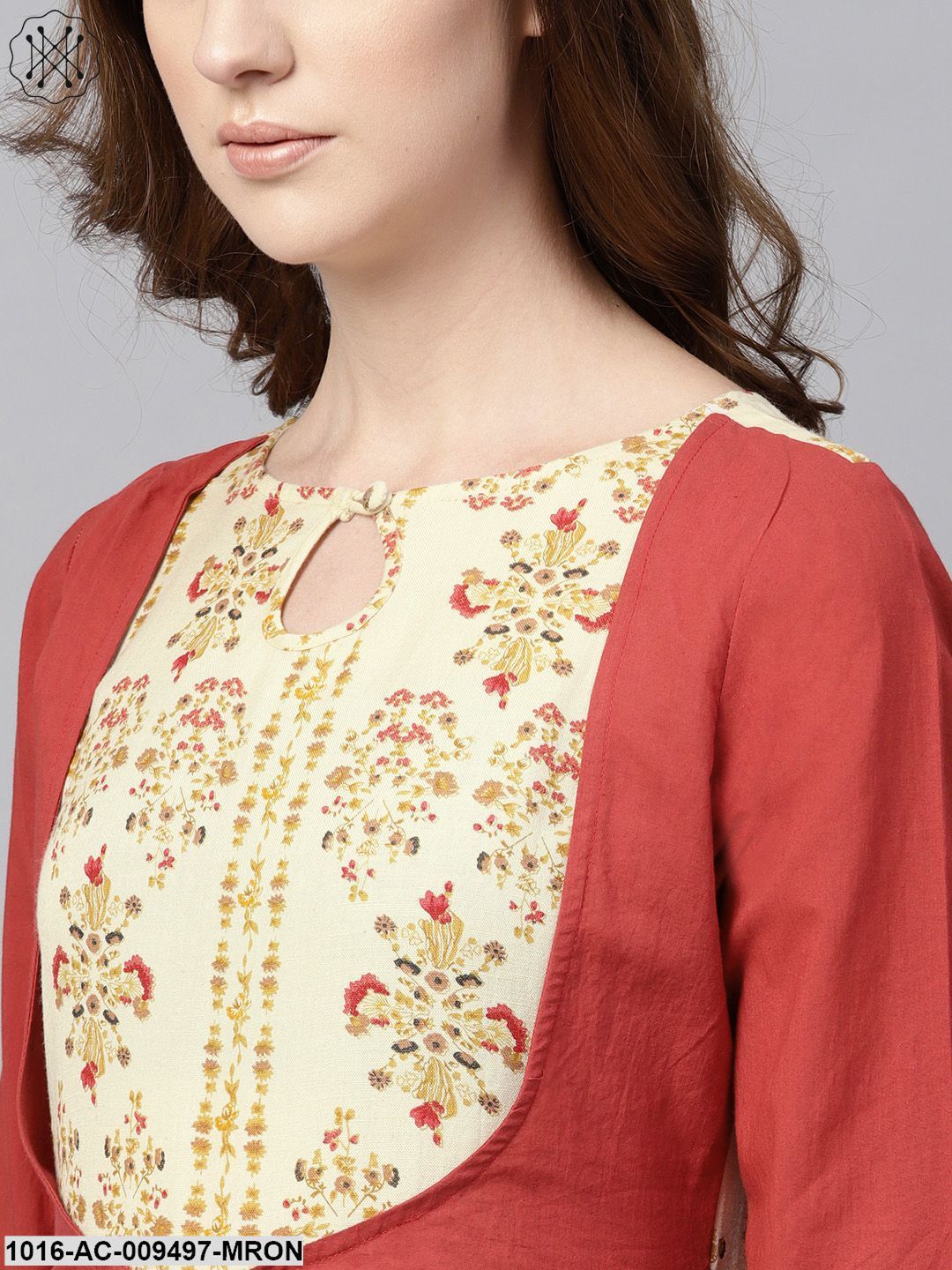 Maroon Maxi Dress With Layered Printed Yoke And Cuff