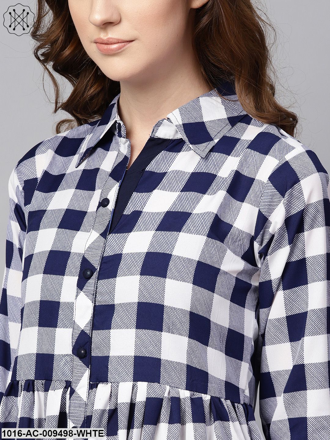 Electric Blue Checked Shirt Collar Dress With Front Placket & Cuff