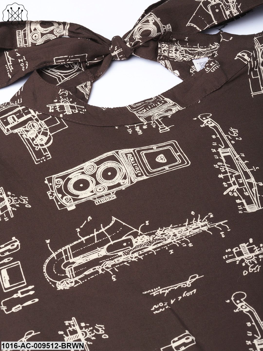 Brown Printed A-Line Dress With Roll Collar & Flared Sleeves