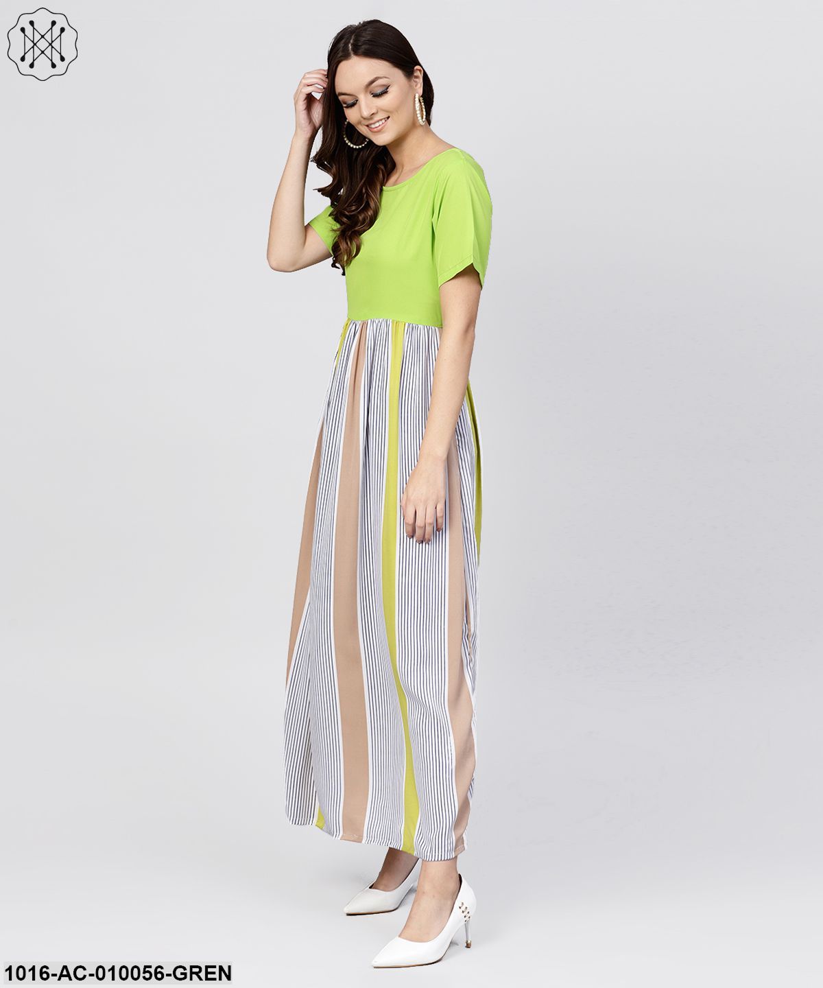 Green Colored Maxi Dress With Round Neck And Half Sleeves