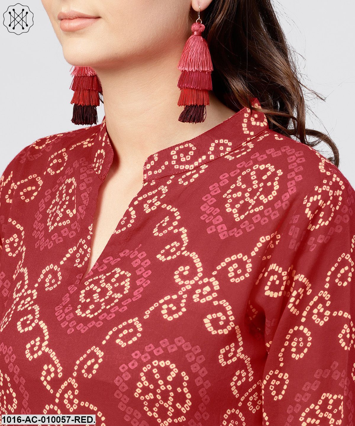 Red Printed Dress With Mandarin Collar And 3/4 Sleeves
