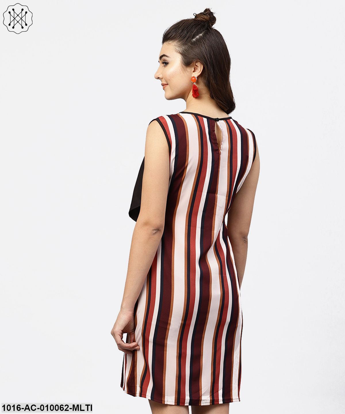 Multi Striped Sleeveless Dress With Round Neck