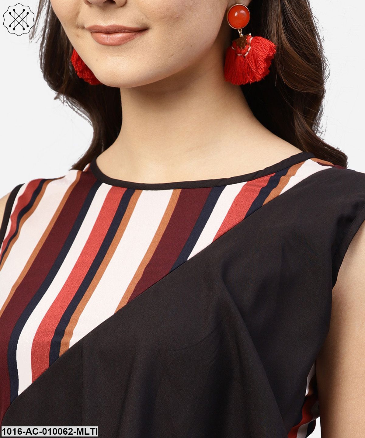 Multi Striped Sleeveless Dress With Round Neck