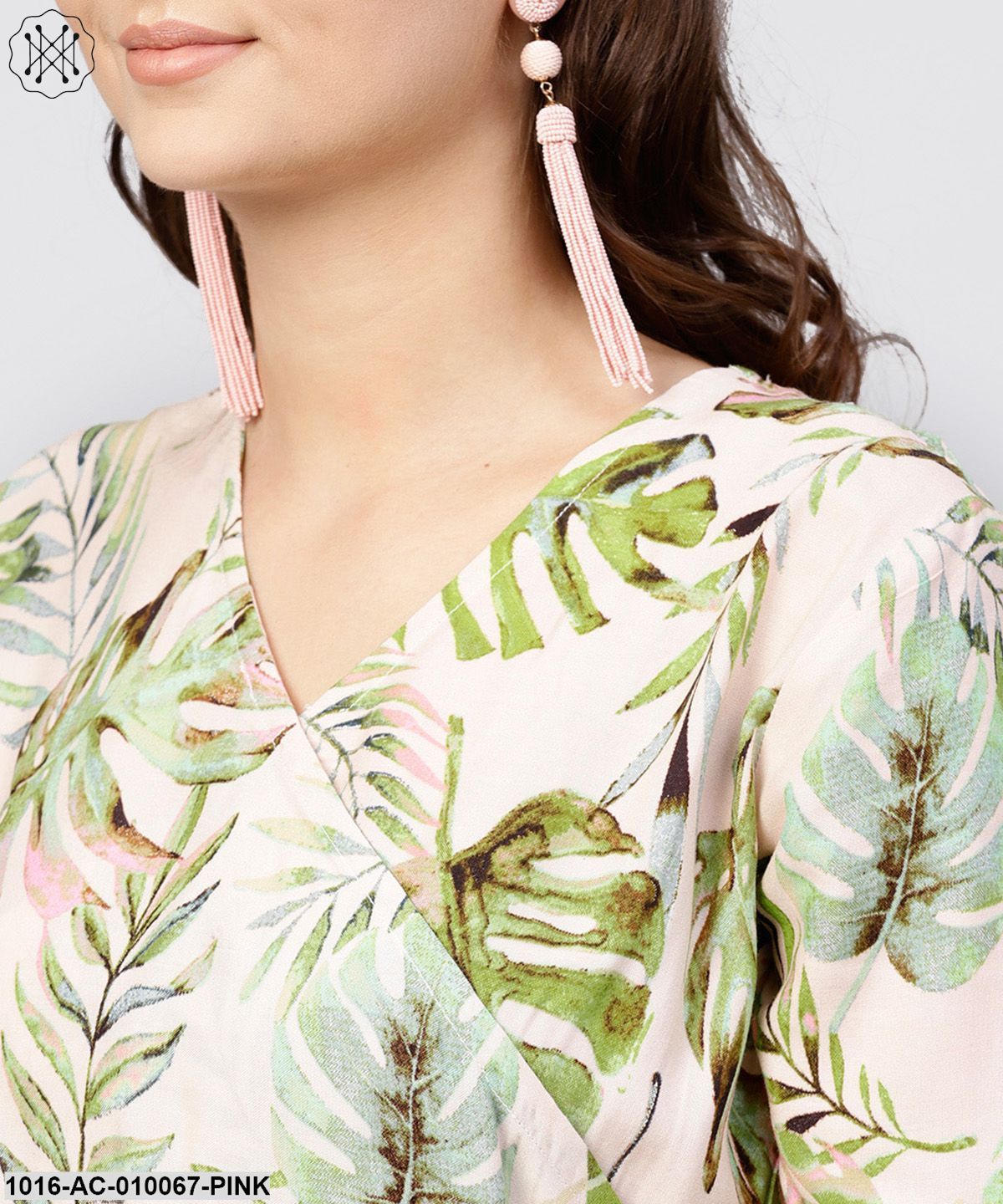 Baby Pink Rayon Printed V-Neck Asyemmetric Maxi Dress With 3/4 Sleeves