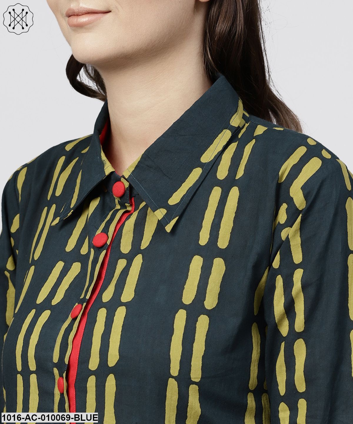 Blue Cotton Printed 3/4 Sleeves Kurta With Shirt Collar And Front Placket