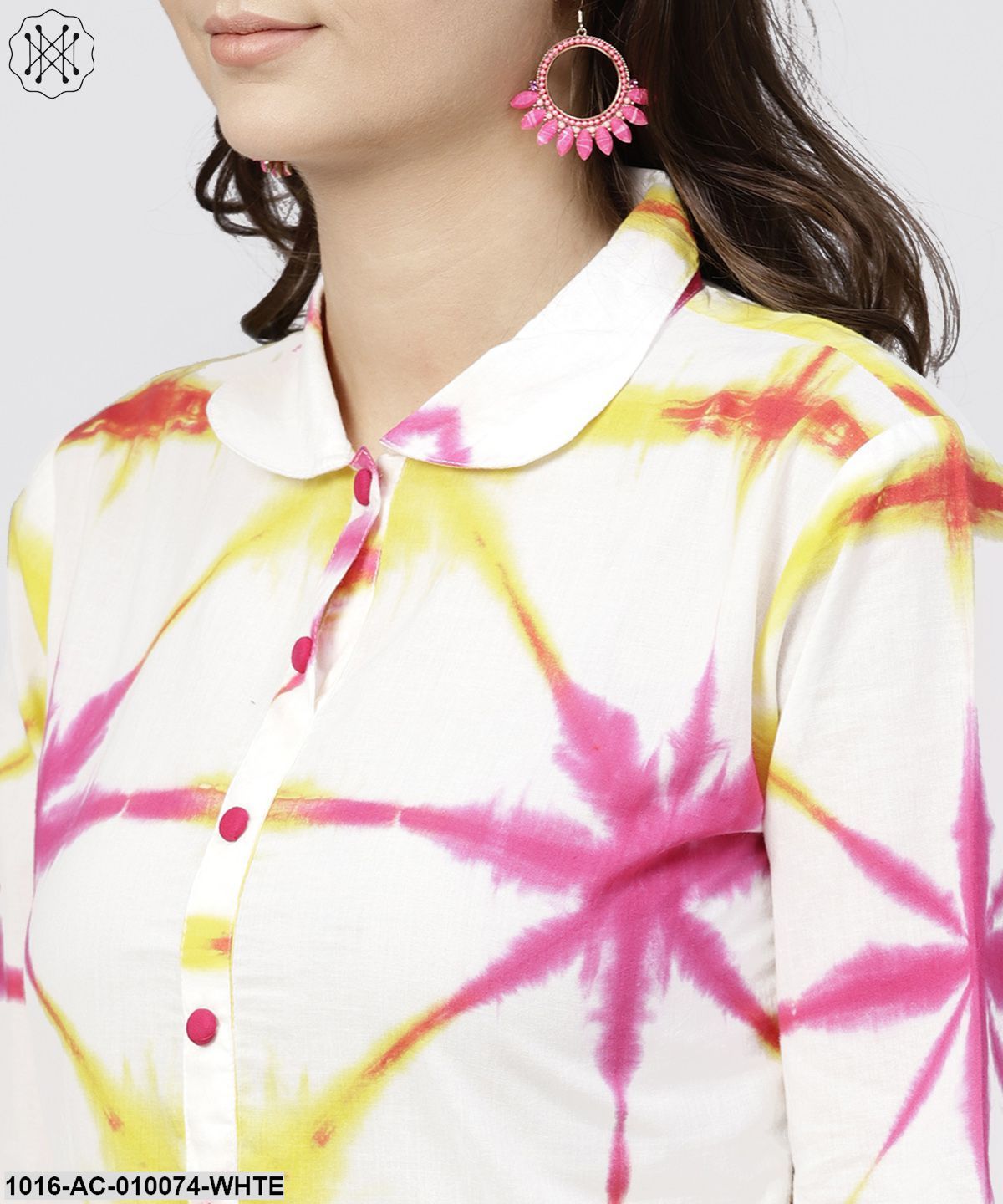 Multi Tie And Dyed Shirt Collar Maxi Dress With Box Pleats And 3/4 Sleeves