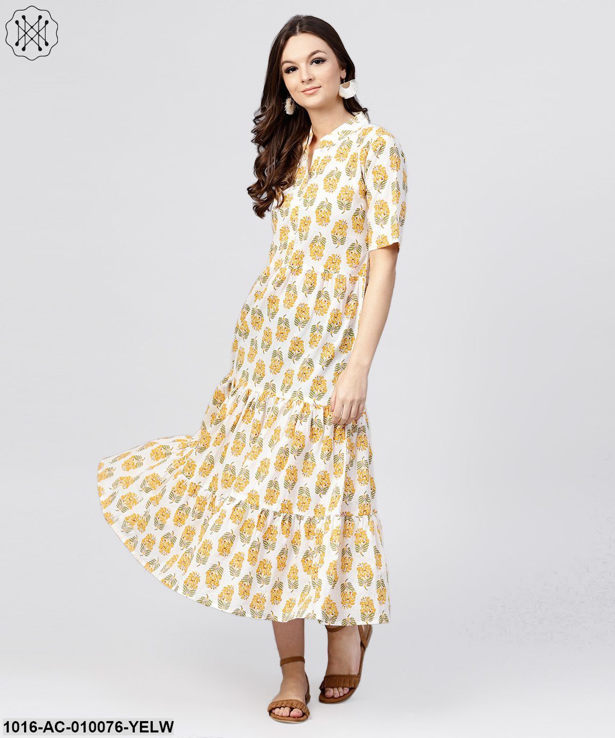 Madarin Collar Tiered Printed Dress With Front Placket And Half Sleeves