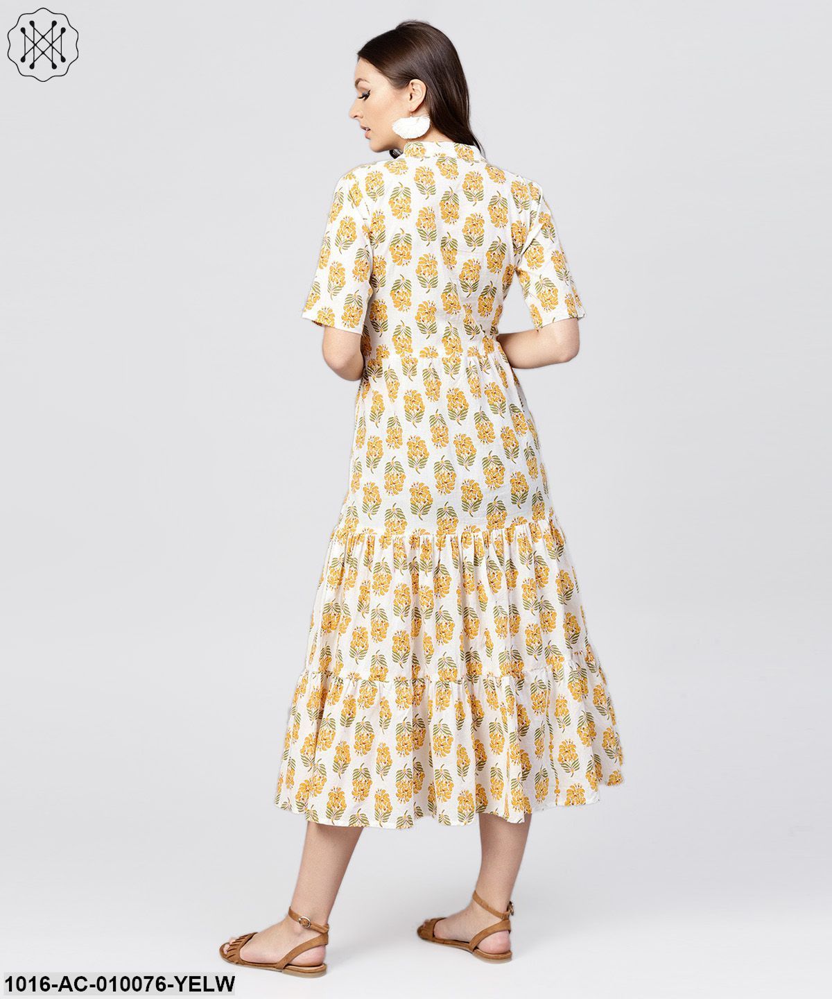 Madarin Collar Tiered Printed Dress With Front Placket And Half Sleeves